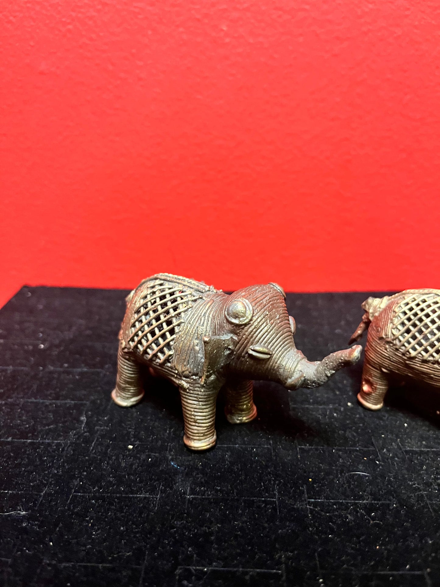 Two lovely African Benin brass elephants great detail 3 and 3.5 inches long