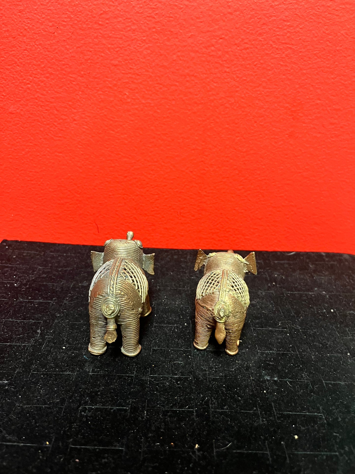 Two lovely African Benin brass elephants great detail 3 and 3.5 inches long