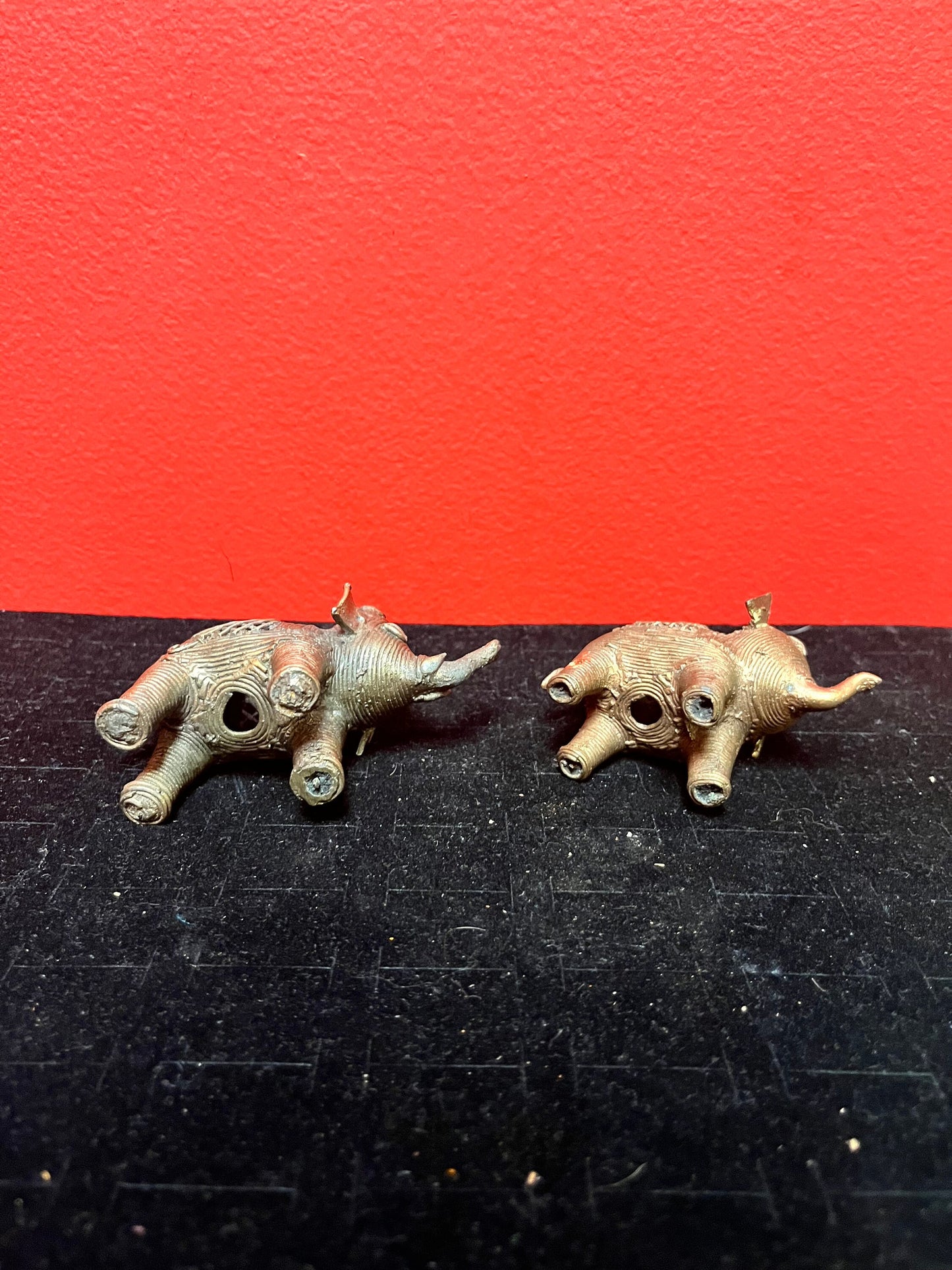 Two lovely African Benin brass elephants great detail 3 and 3.5 inches long