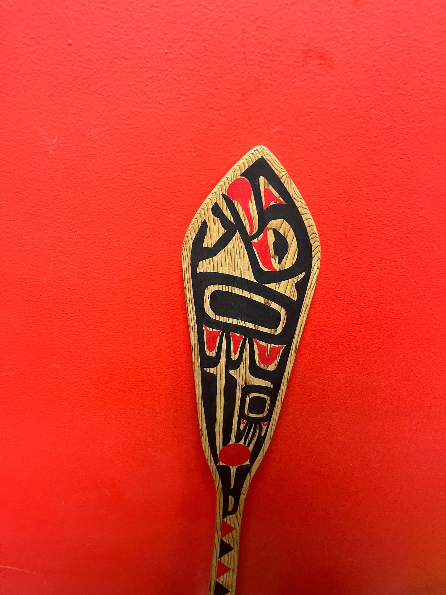 A stunning 34 x 4 wide, signed painted cedar indigenous first nations Pacific northwest coast paddle classic beautiful design