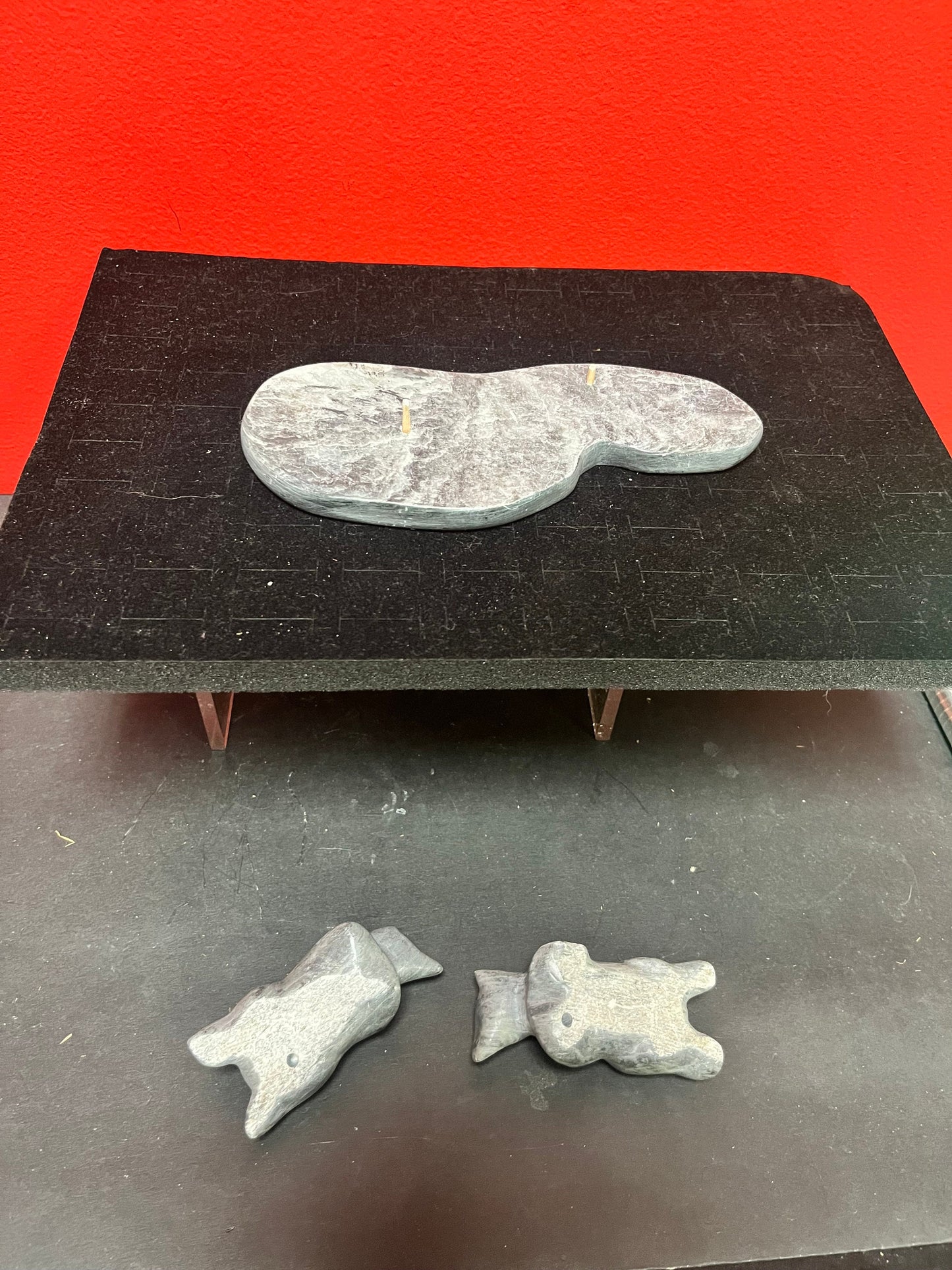 Lovely 7 x 3 x 2 high indigenous inuit soapstone bears playing in a pond  lovely condition
