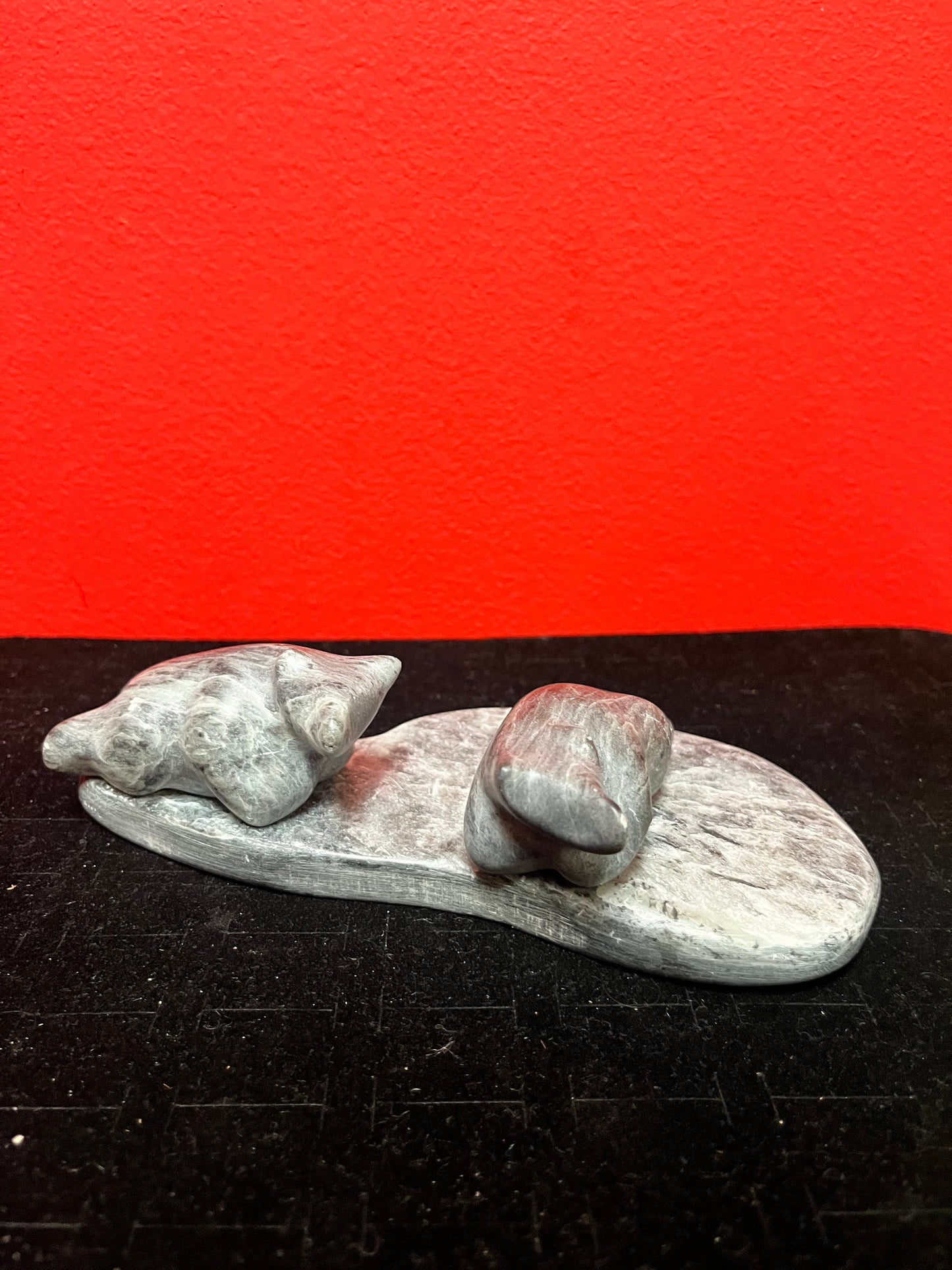 Lovely 7 x 3 x 2 high indigenous inuit soapstone bears playing in a pond  lovely condition