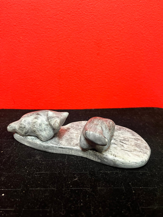 Lovely 7 x 3 x 2 high indigenous inuit soapstone bears playing in a pond  lovely condition