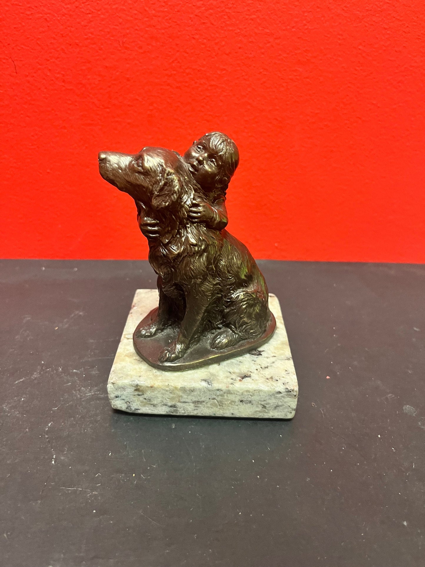 Lovely 5 inch high bronze statue of a child with dog on marble stand   lovely detail and quality  value priced