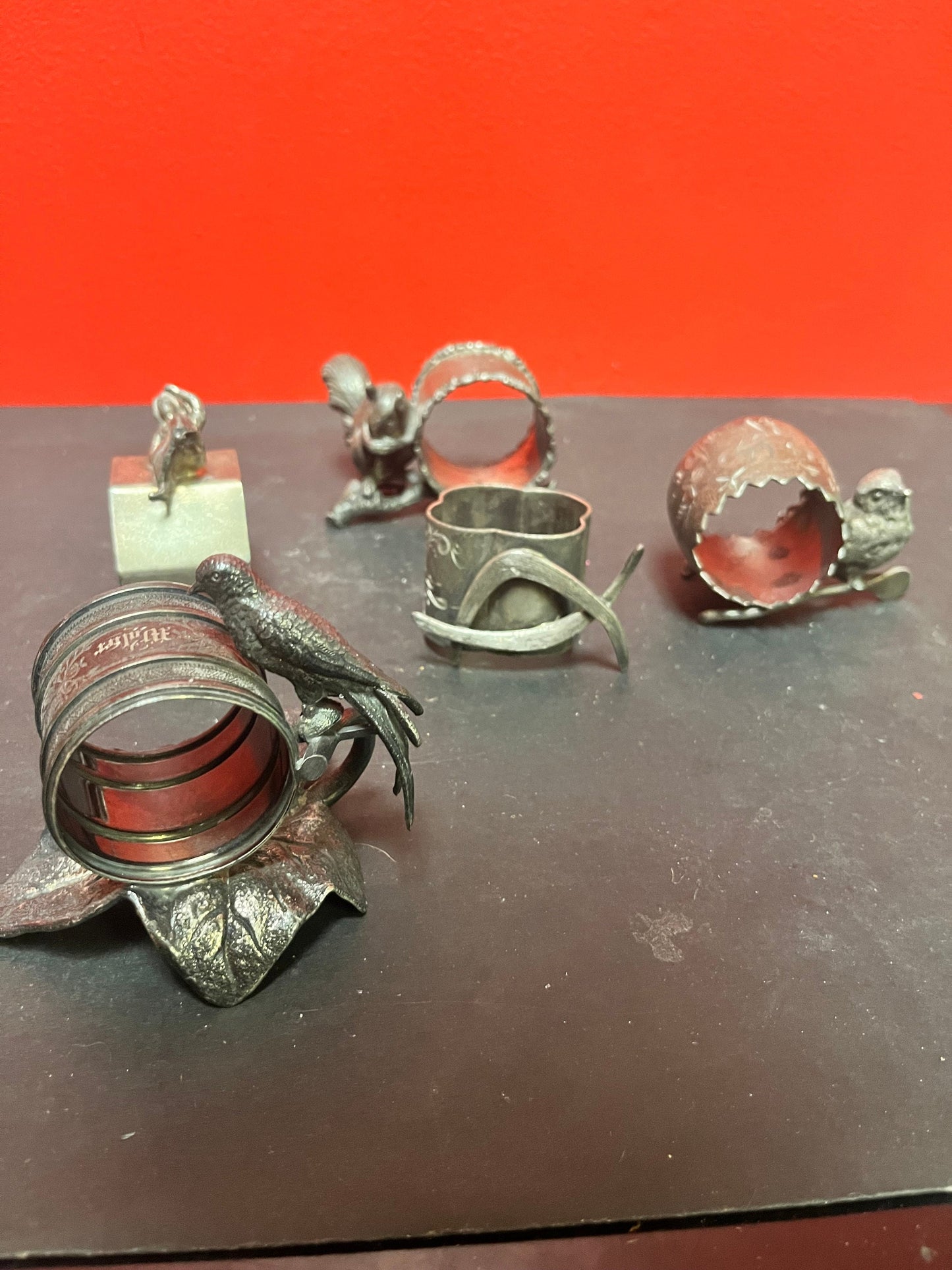 Lovely small collection of five English silver plated figural napkin rings   great value for a great lot