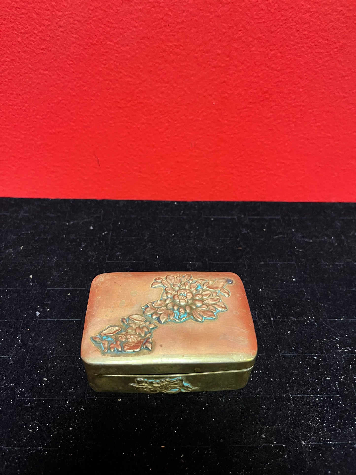 3 x 2 x 1 high Japanese brass stamp box great patina antique beauty little finicky to close Japanese chrysanthemums