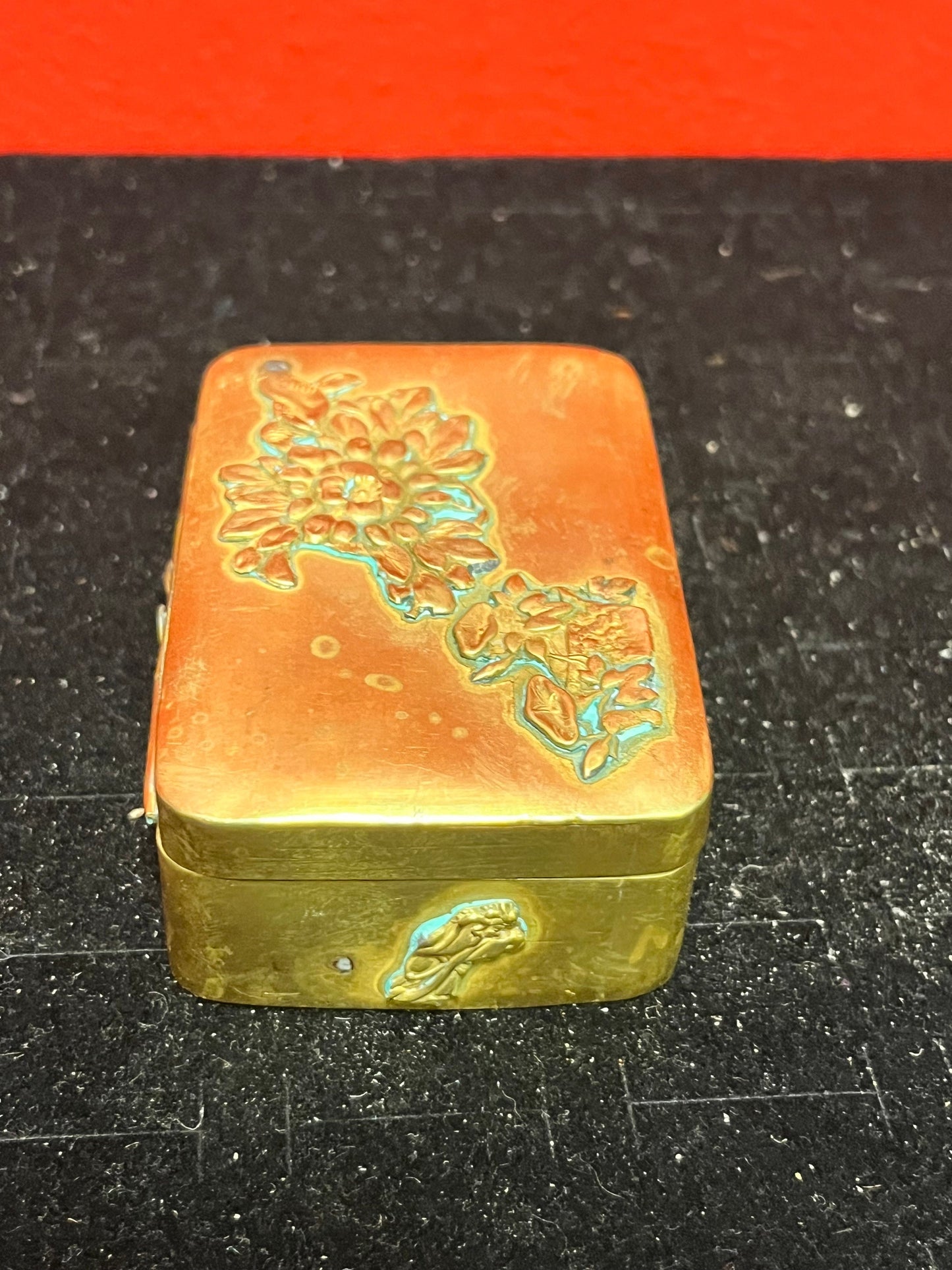 3 x 2 x 1 high Japanese brass stamp box great patina antique beauty little finicky to close Japanese chrysanthemums