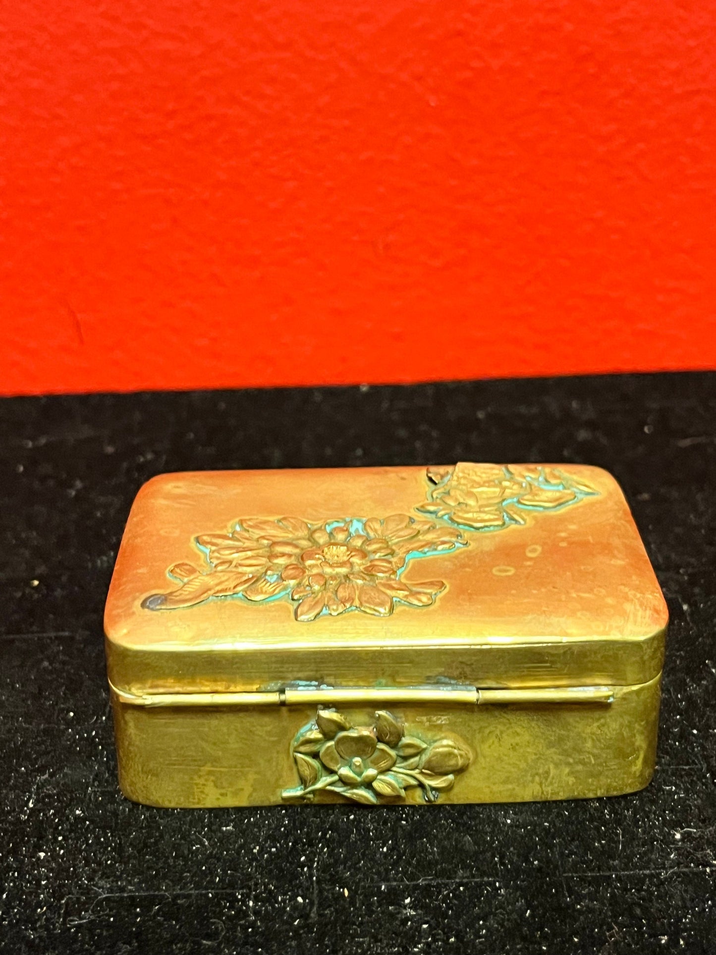 3 x 2 x 1 high Japanese brass stamp box great patina antique beauty little finicky to close Japanese chrysanthemums