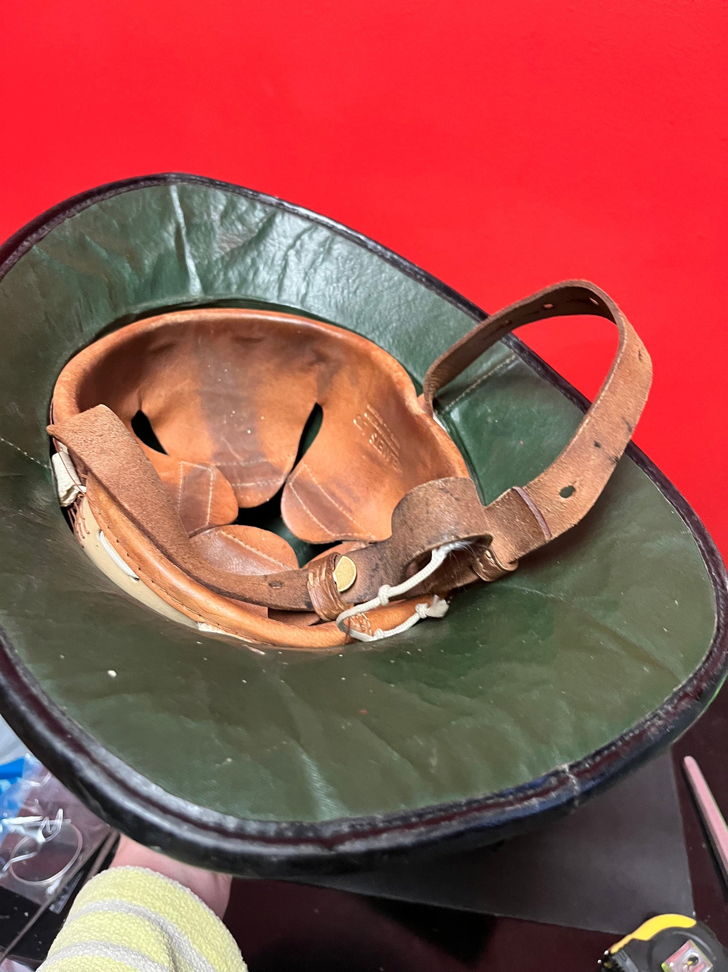 Stunning antique 15 x 11 English fireman helmet in fabulous condition approximate 9 by 7 inside measurements original strap - wow