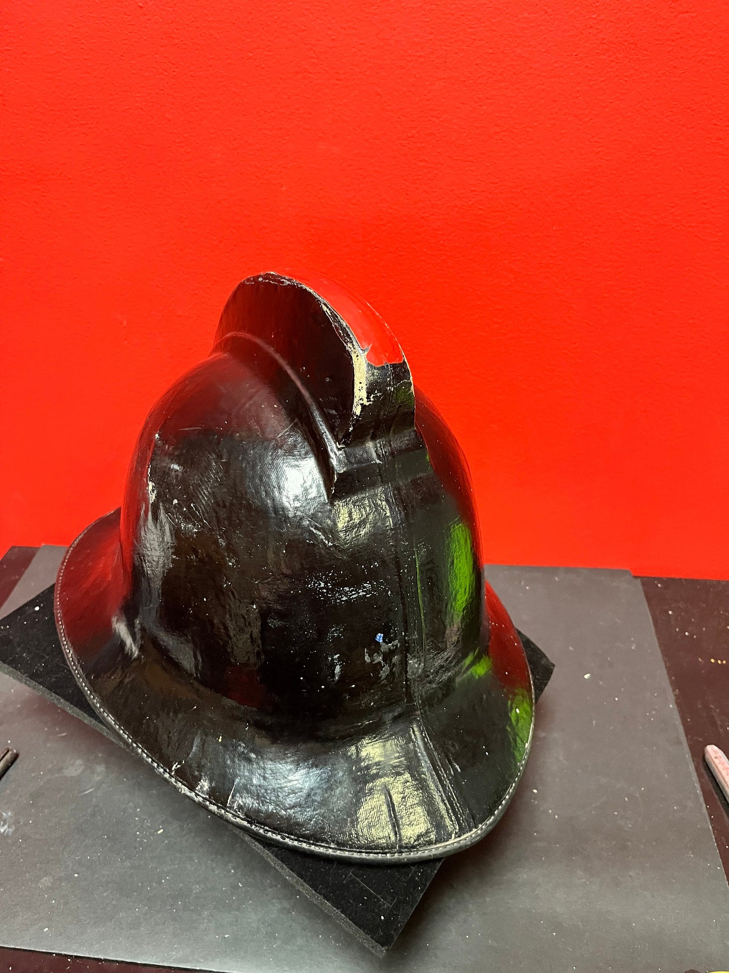 Stunning antique 15 x 11 English fireman helmet in fabulous condition approximate 9 by 7 inside measurements original strap - wow
