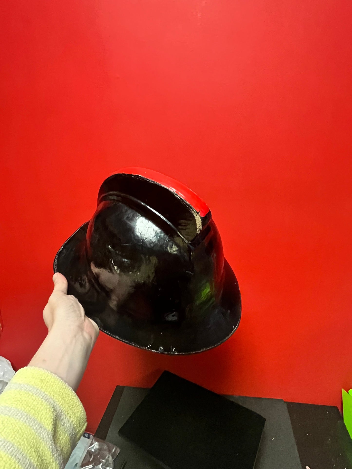 Stunning antique 15 x 11 English fireman helmet in fabulous condition approximate 9 by 7 inside measurements original strap - wow