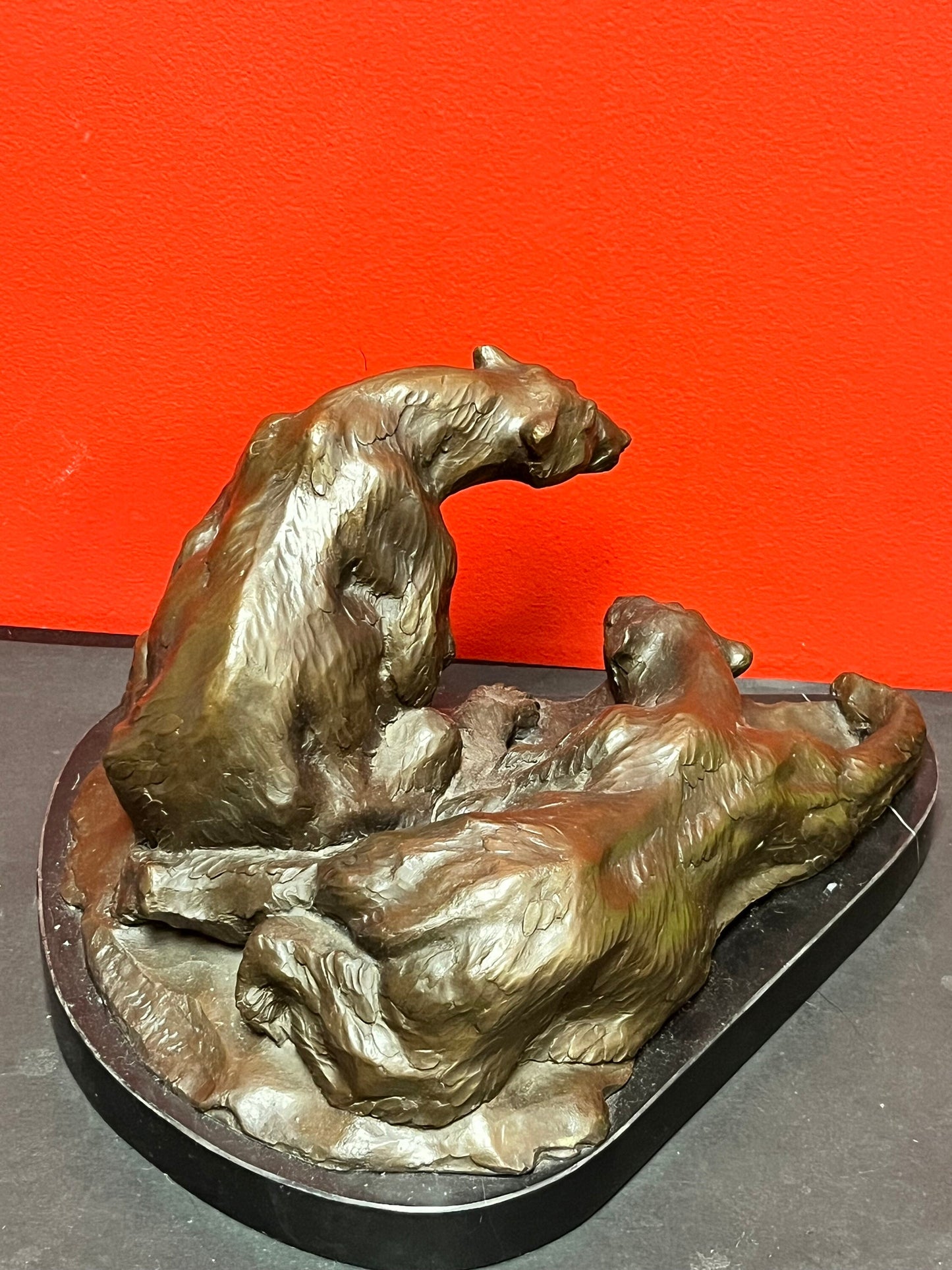 Stunning 13 x 9 x 8 high French signed bronze statue of Bears antique BARYE on marble base huge and realistic