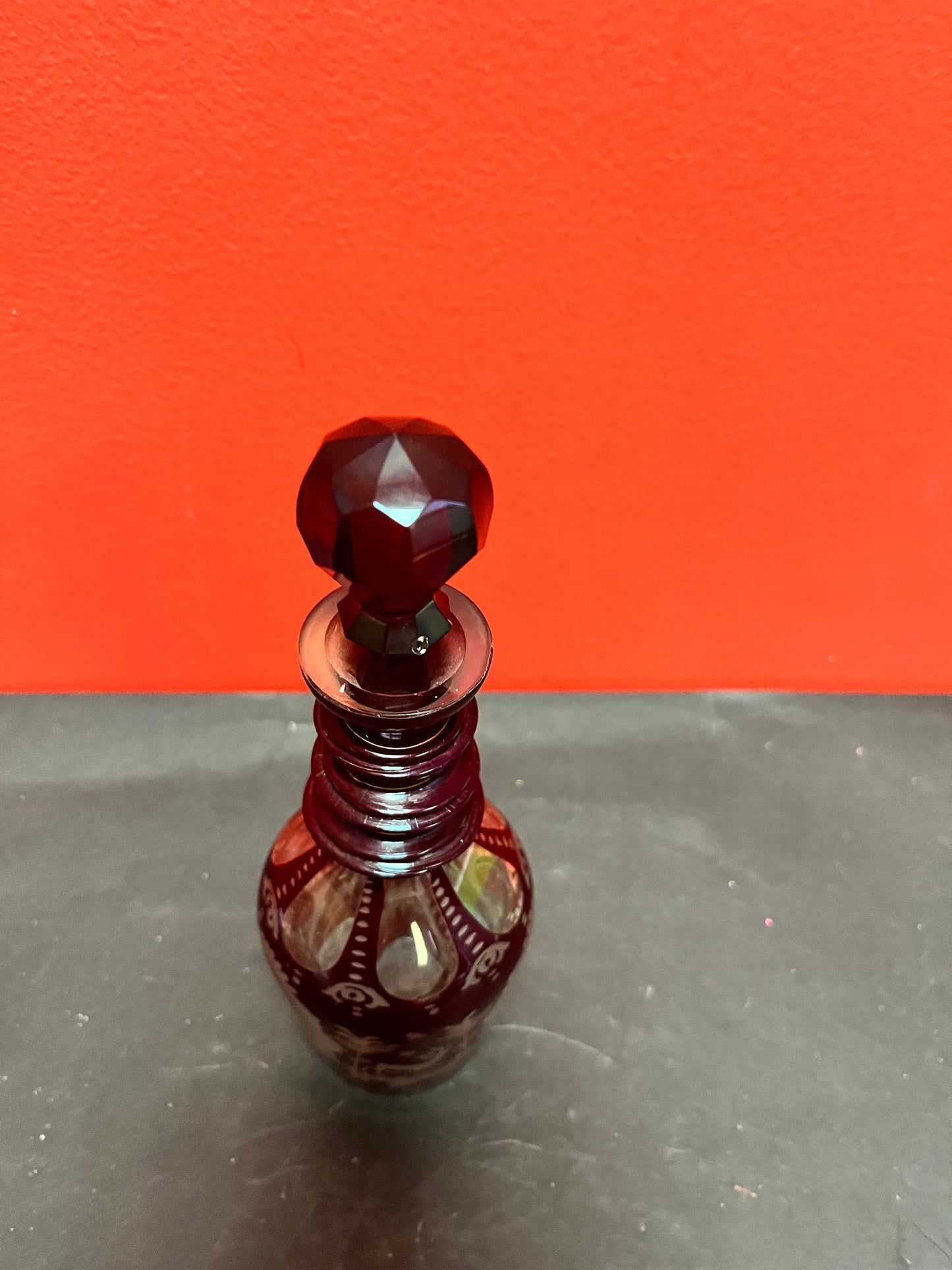 9 inch tall beautiful antique ruby etched, crystal decanter  Wonderful condition and quality