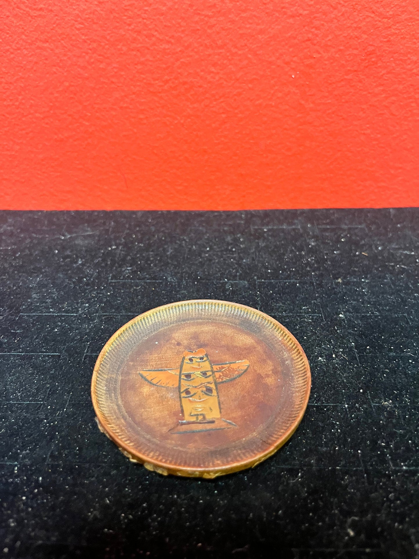 Lovely antique indigenous, first nations Pacific northwest coast wooden pin dish with totem  crusty edges great price  3 inches