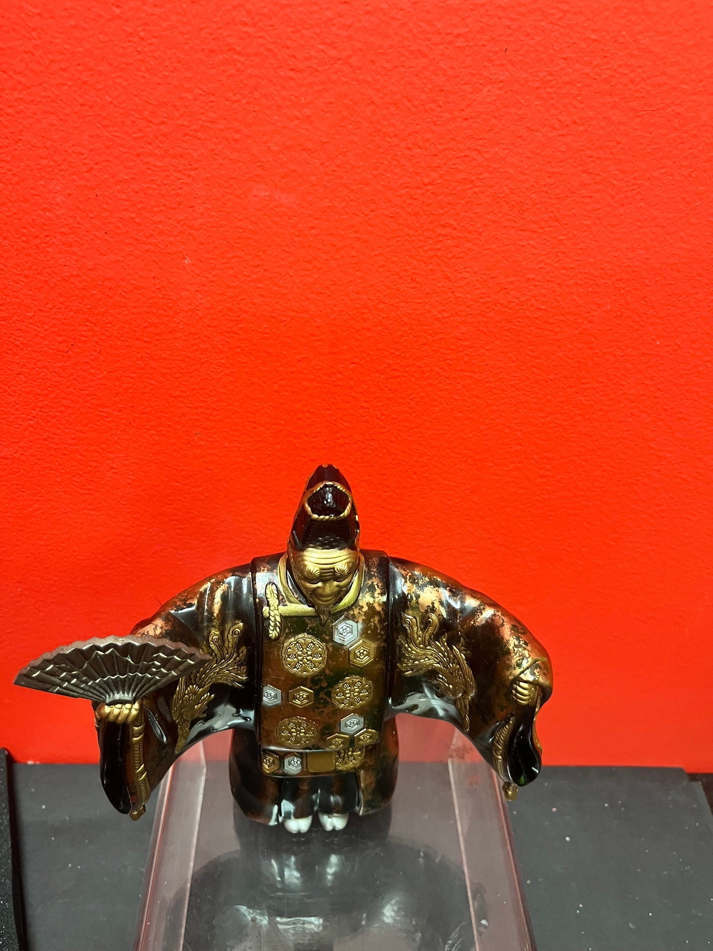 Fabulous 8 inch old Japanese gilded bronze statue of a fancy man holding a fan exquisite patina and quality- heavy