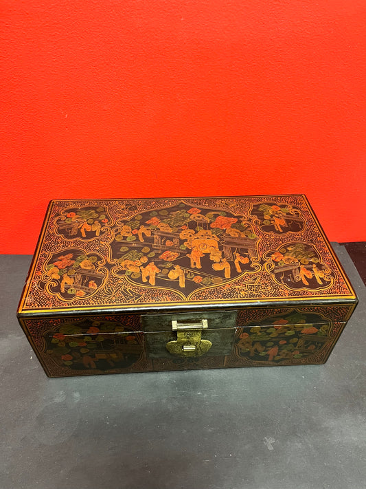A  14 x 7 x 4 inch high Japanese signed lacquer antique box with bronze latch  immaculate condition and detail