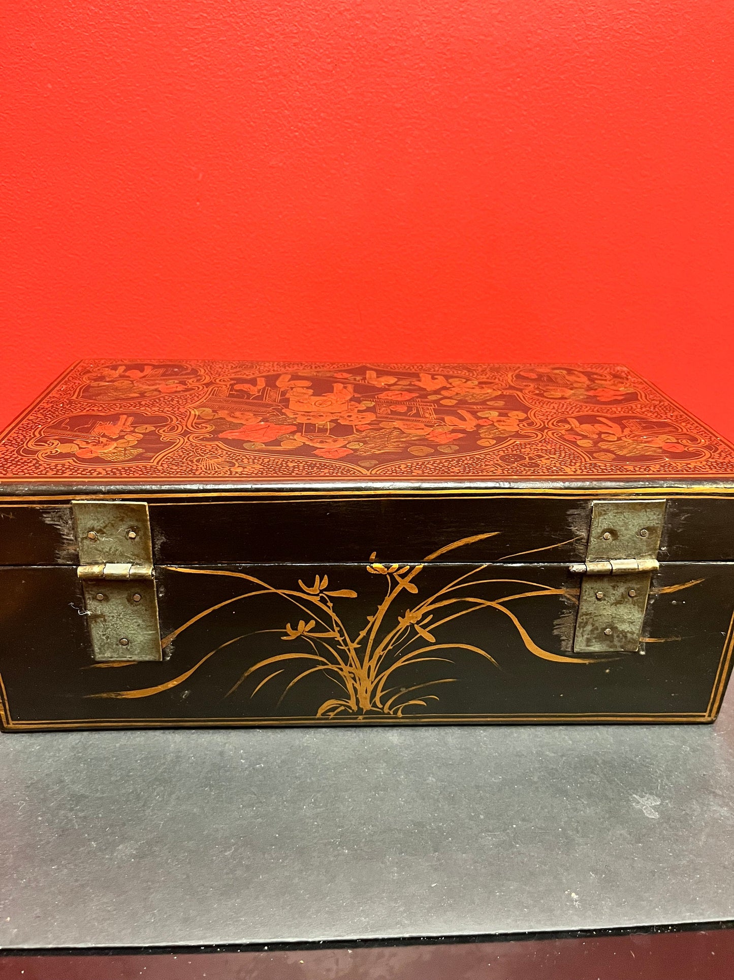 A  14 x 7 x 4 inch high Japanese signed lacquer antique box with bronze latch  immaculate condition and detail