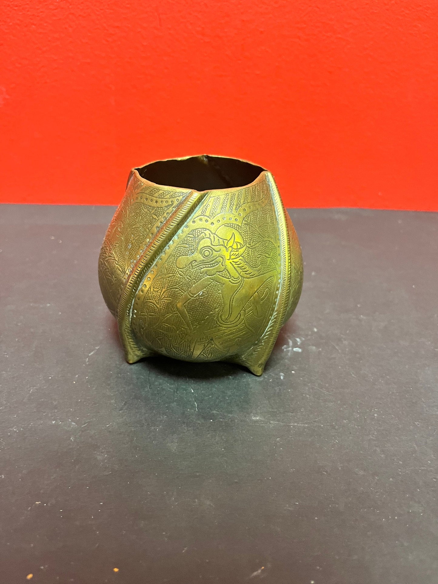 4 inch high Indonesian antique brass, heavily decorated vase