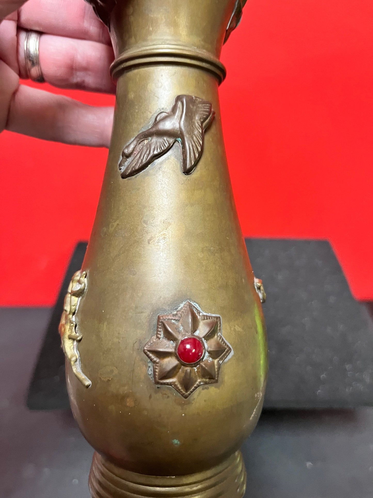 Lovely 8 inch tall antique Asian brass vase with lovely imagery and many cartouches really beautiful piece ready for flowers - gift