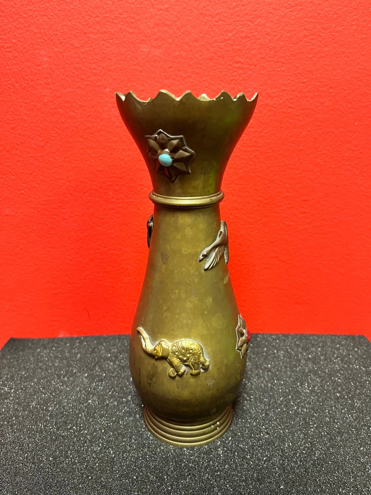 Lovely 8 inch tall antique Asian brass vase with lovely imagery and many cartouches really beautiful piece ready for flowers - gift
