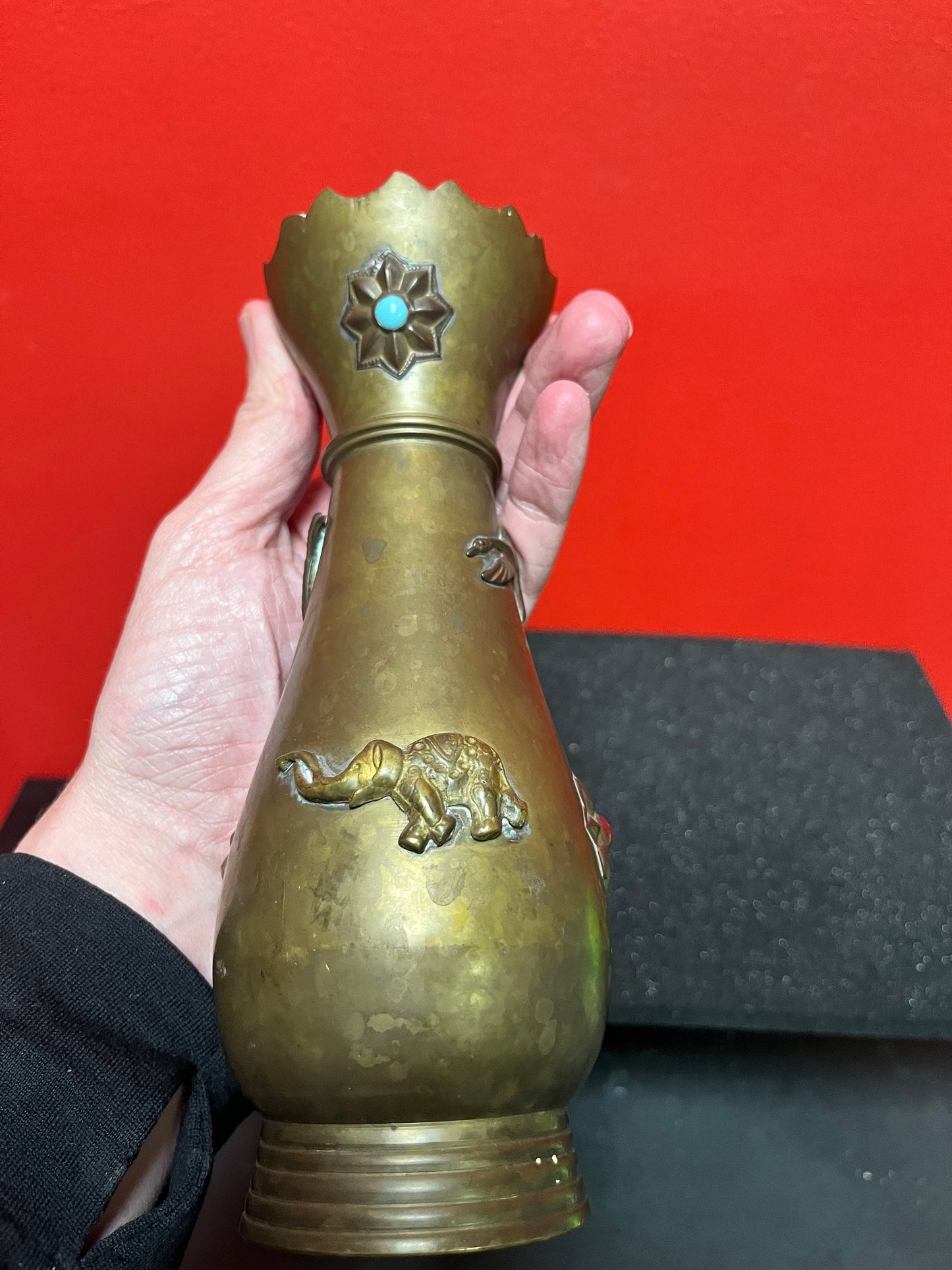 Lovely 8 inch tall antique Asian brass vase with lovely imagery and many cartouches really beautiful piece ready for flowers - gift