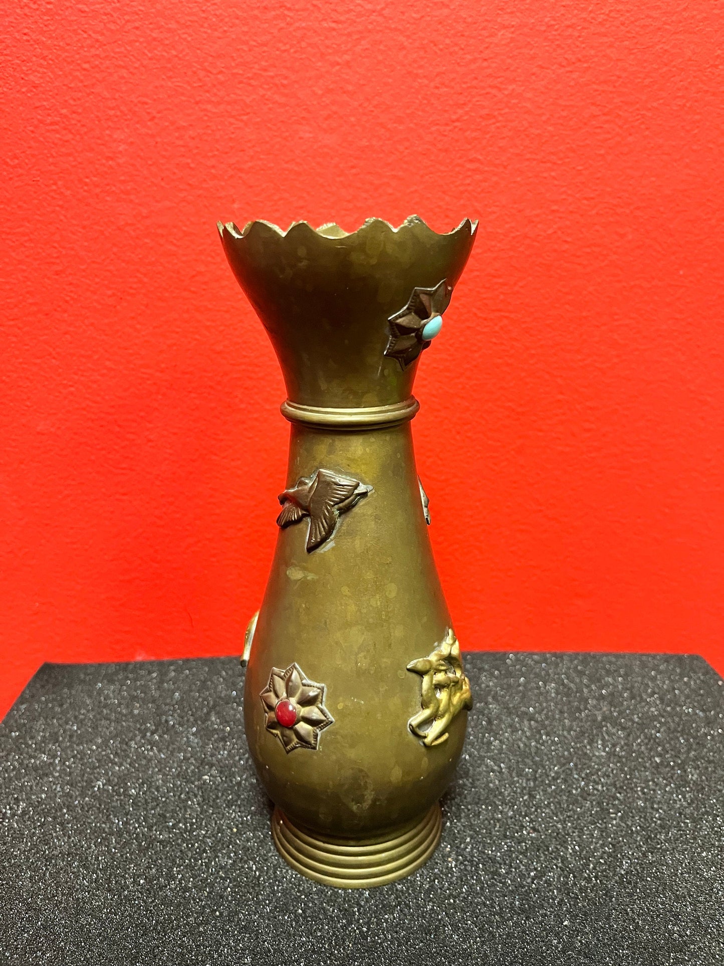 Lovely 8 inch tall antique Asian brass vase with lovely imagery and many cartouches really beautiful piece ready for flowers - gift