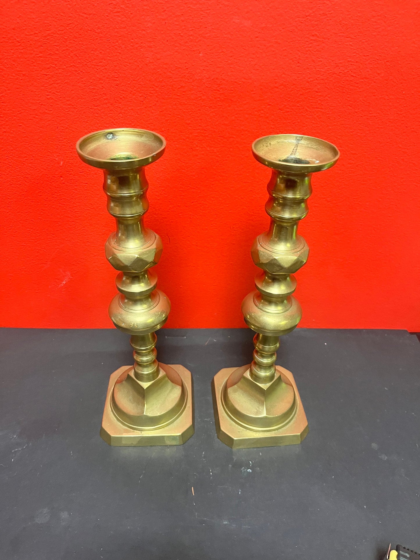 Very heavy 11 1/2 inch English diamond pattern brass candlesticks really fabulous quality pair great condition no wobble