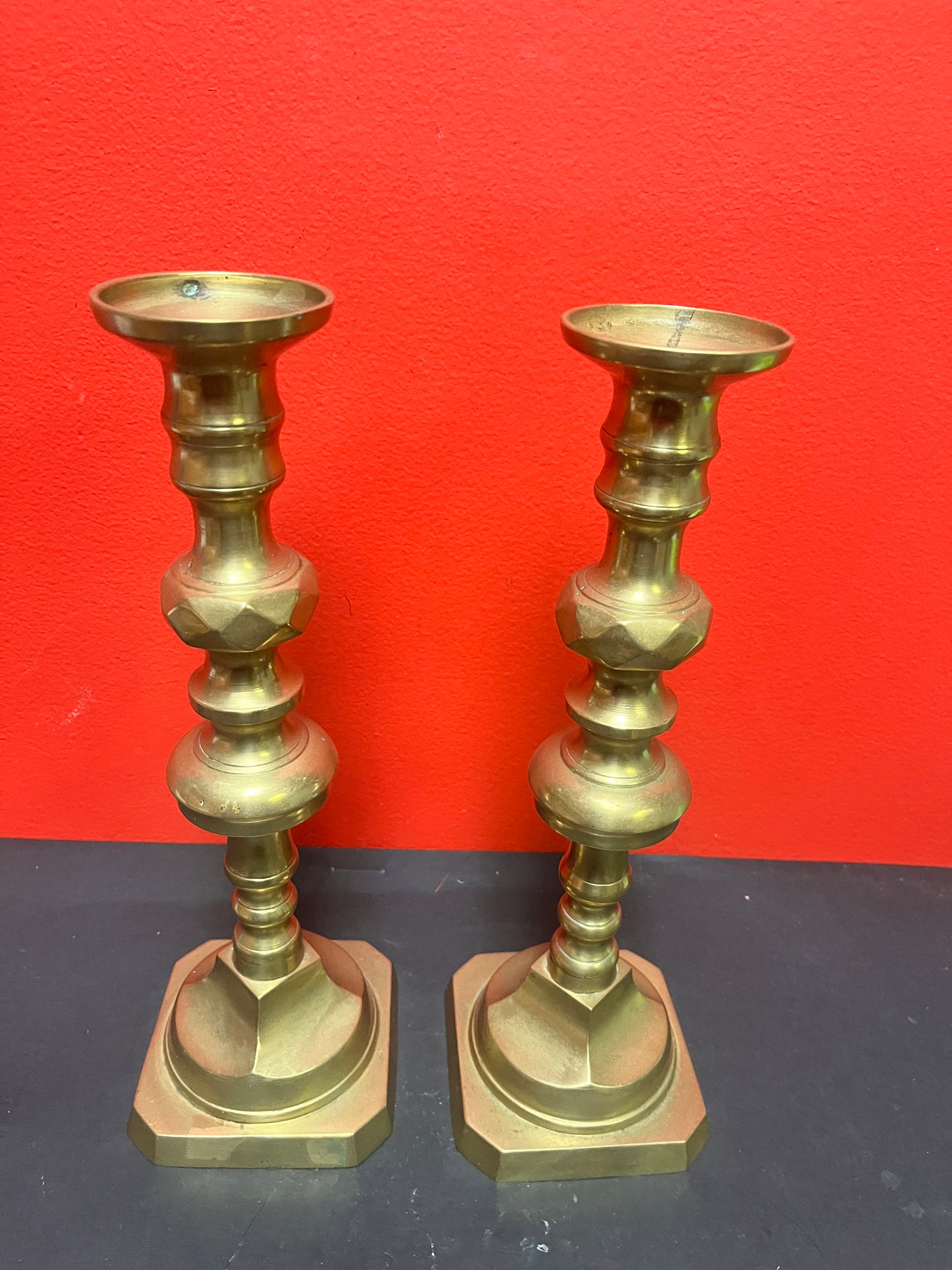Very heavy 11 1/2 inch English diamond pattern brass candlesticks really fabulous quality pair great condition no wobble