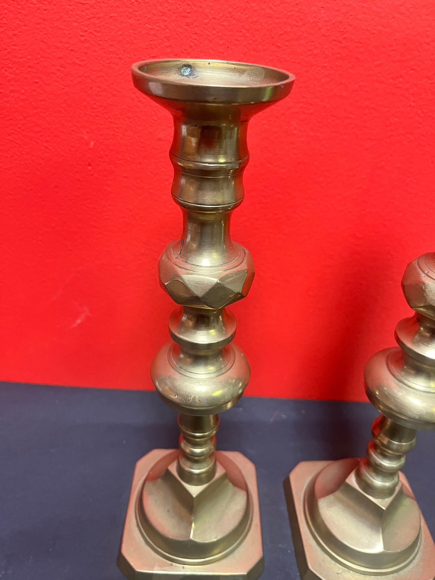 Very heavy 11 1/2 inch English diamond pattern brass candlesticks really fabulous quality pair great condition no wobble