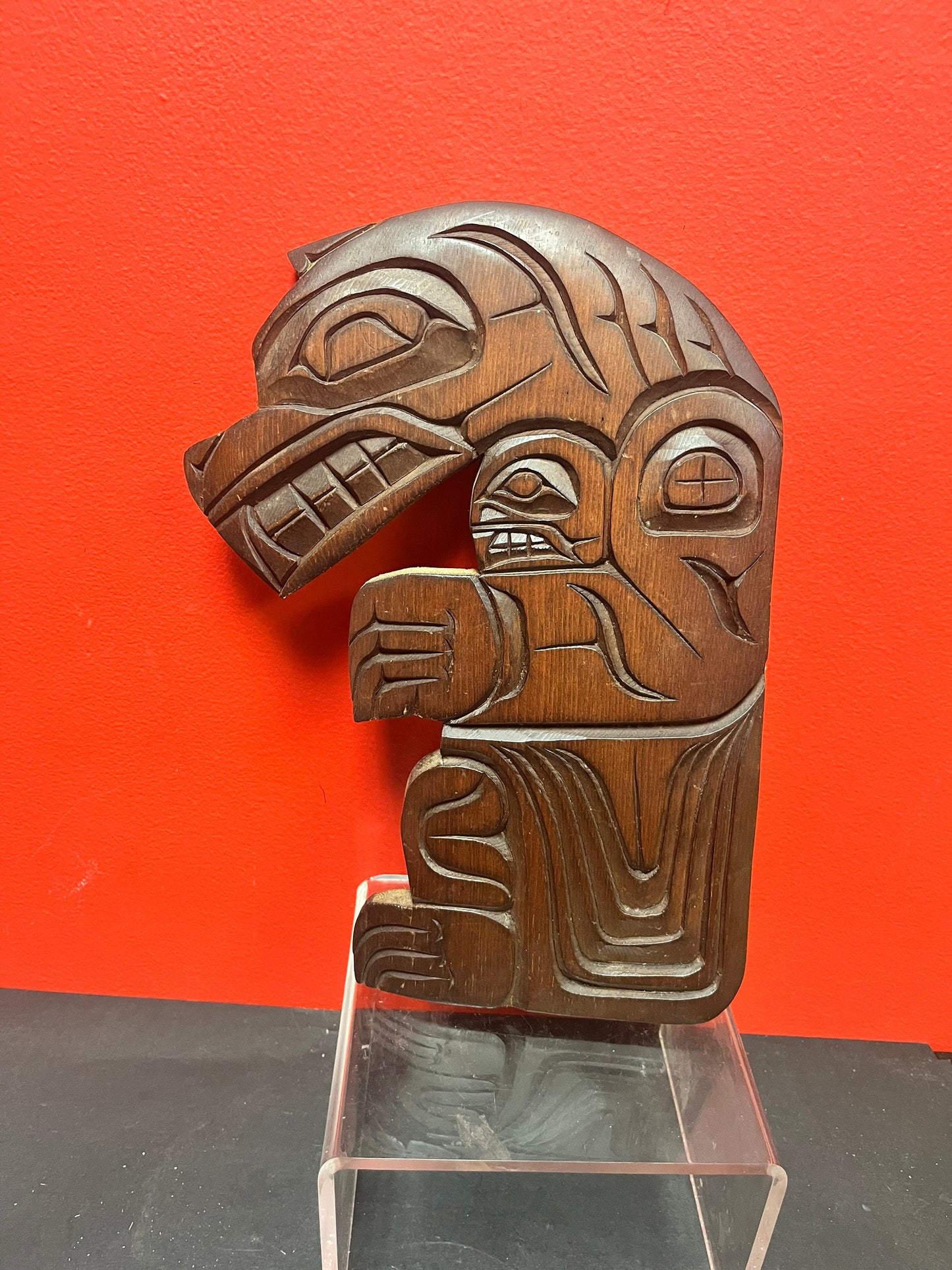 12 x 9 inch beautiful signed indigenous first nations Pacific Northwest coast stained cedar bear plaque