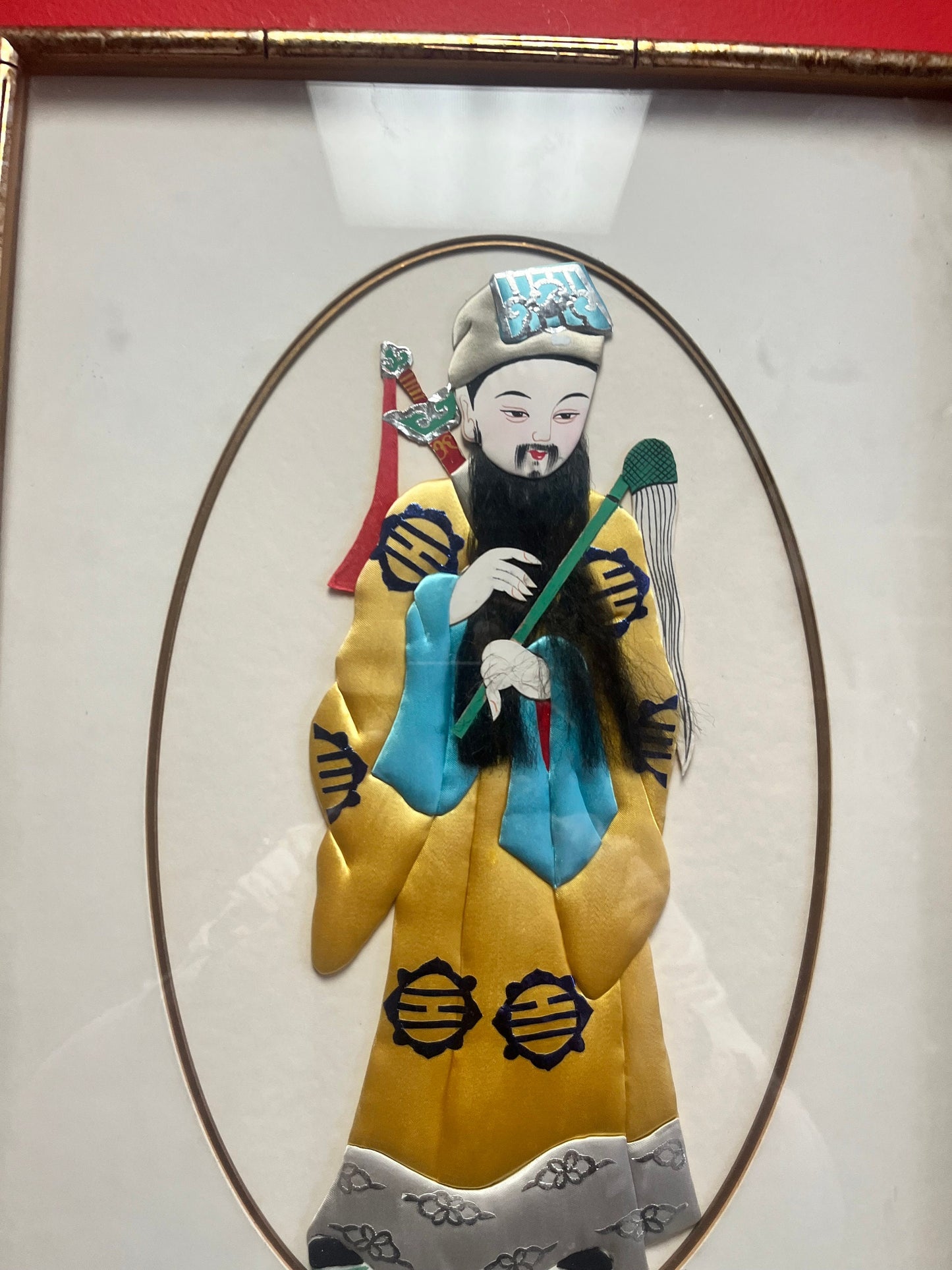 19 x 13 Japanese picture of an emperor in frame made from pieces of kimonos