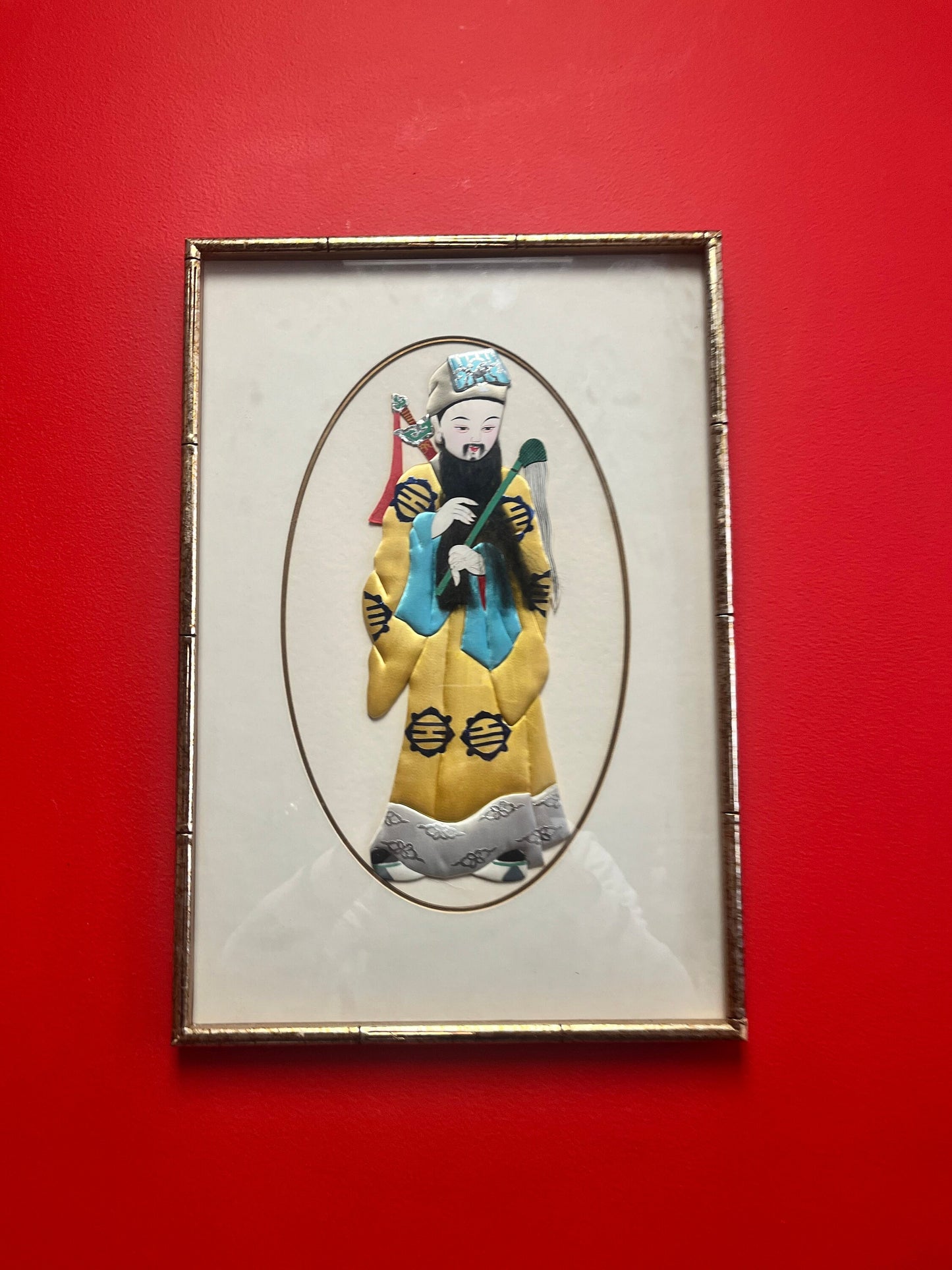 19 x 13 Japanese picture of an emperor in frame made from pieces of kimonos