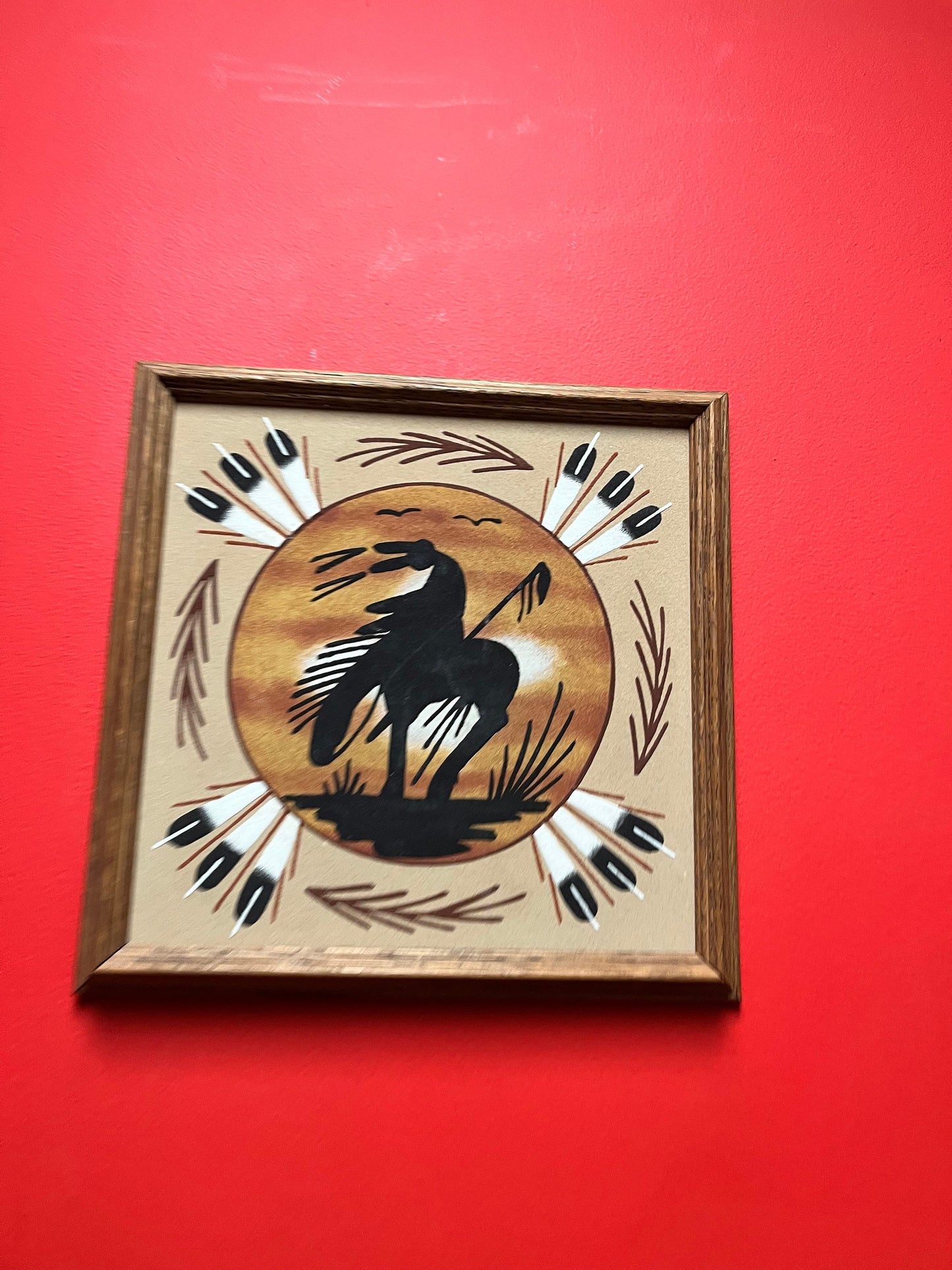 Lovely 13 inch authentic Navajo sand painting in frame    signed on back with information
