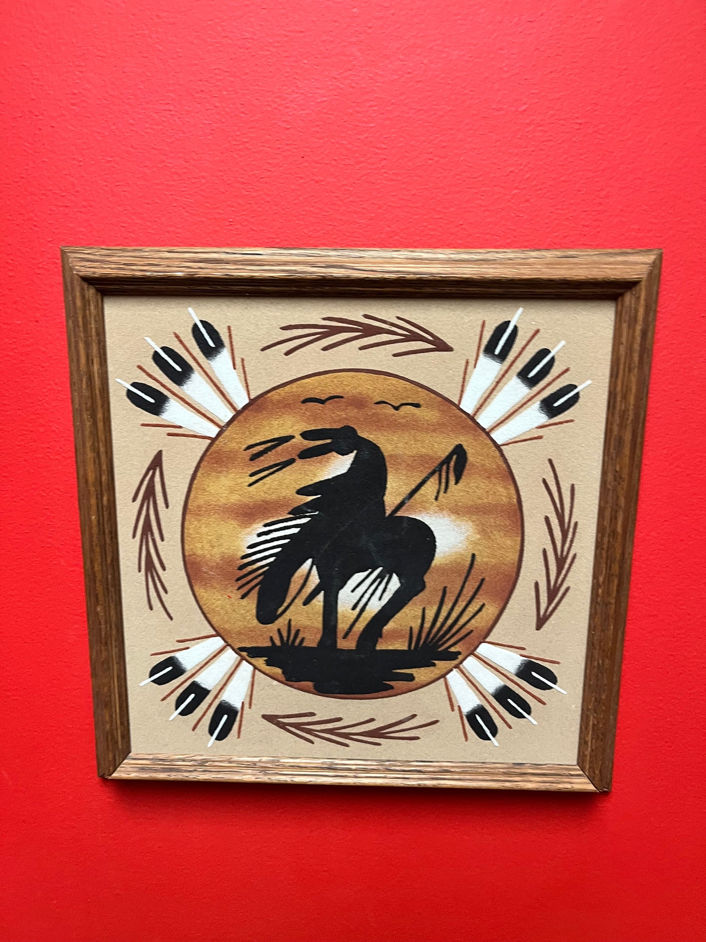 Lovely 13 inch authentic Navajo sand painting in frame    signed on back with information
