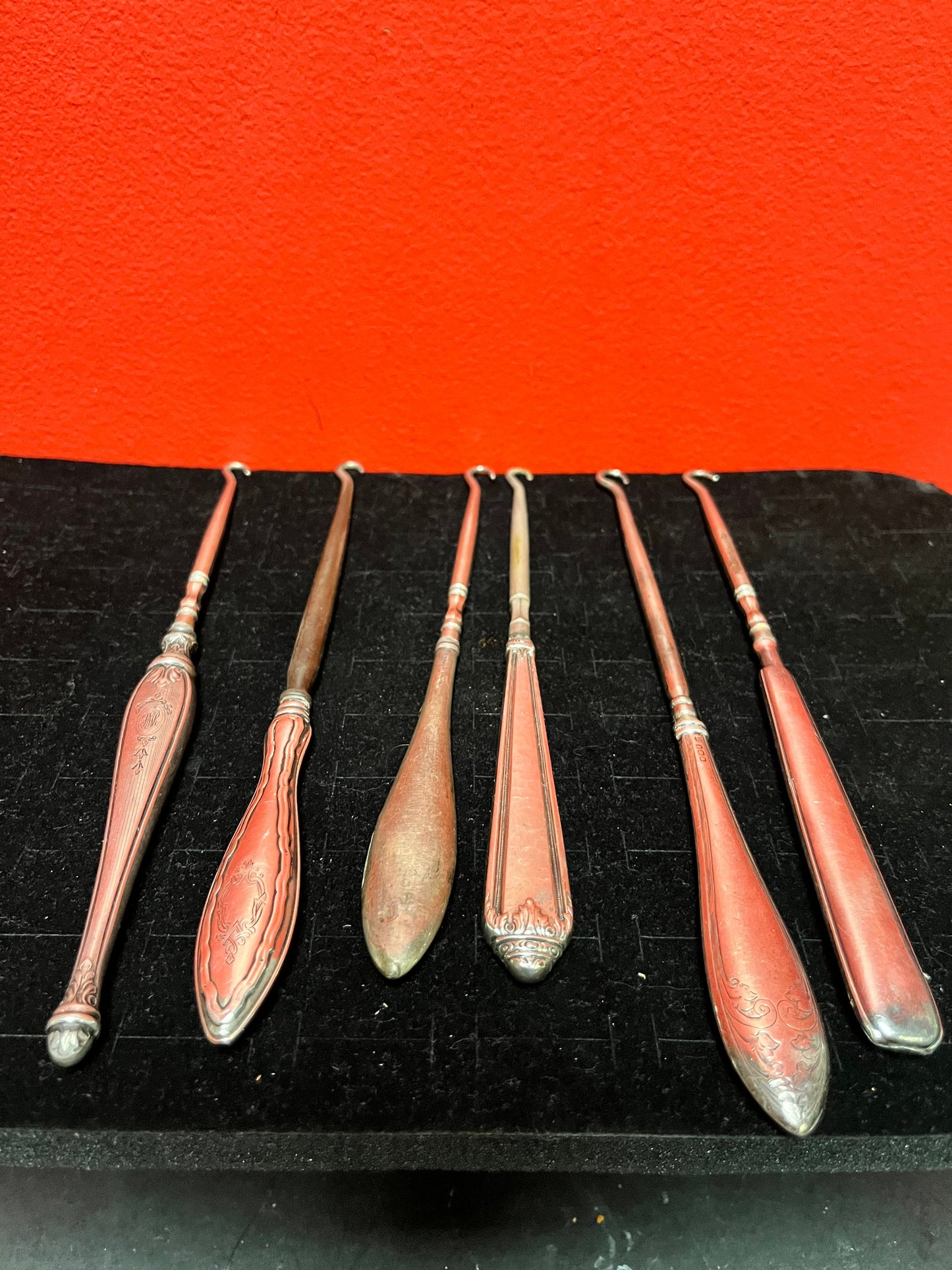 Fantastic job lot of six English sterling handled antique button hooks  7 to 9 inches long each  price for all  wow