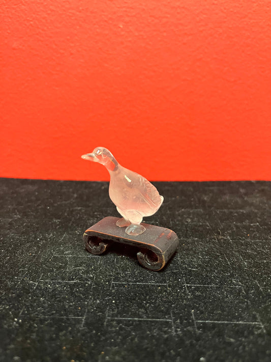Lovely 2 inch high antique Chinese rose quartz  duck on wood stand   great value