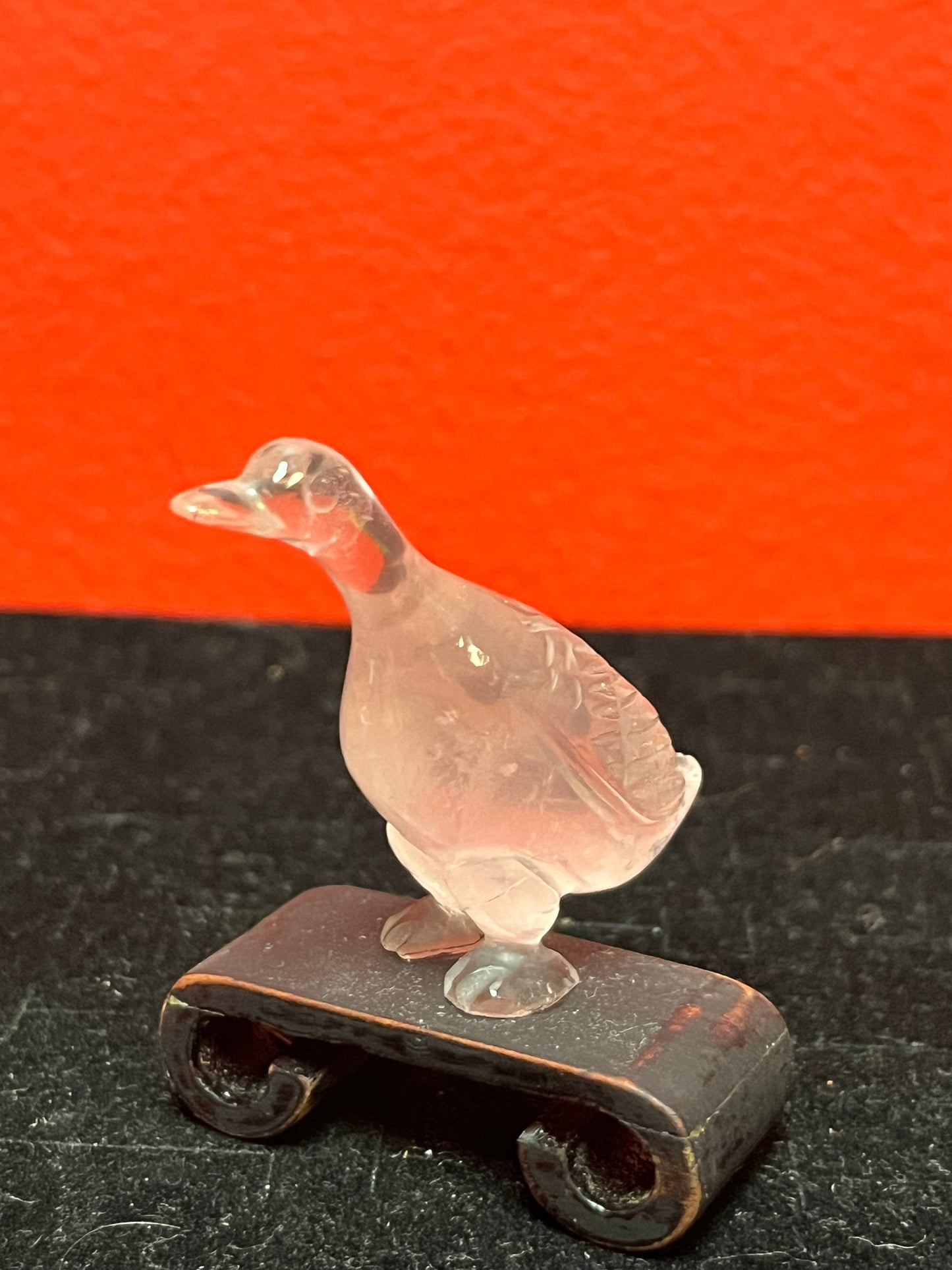 Lovely 2 inch high antique Chinese rose quartz  duck on wood stand   great value