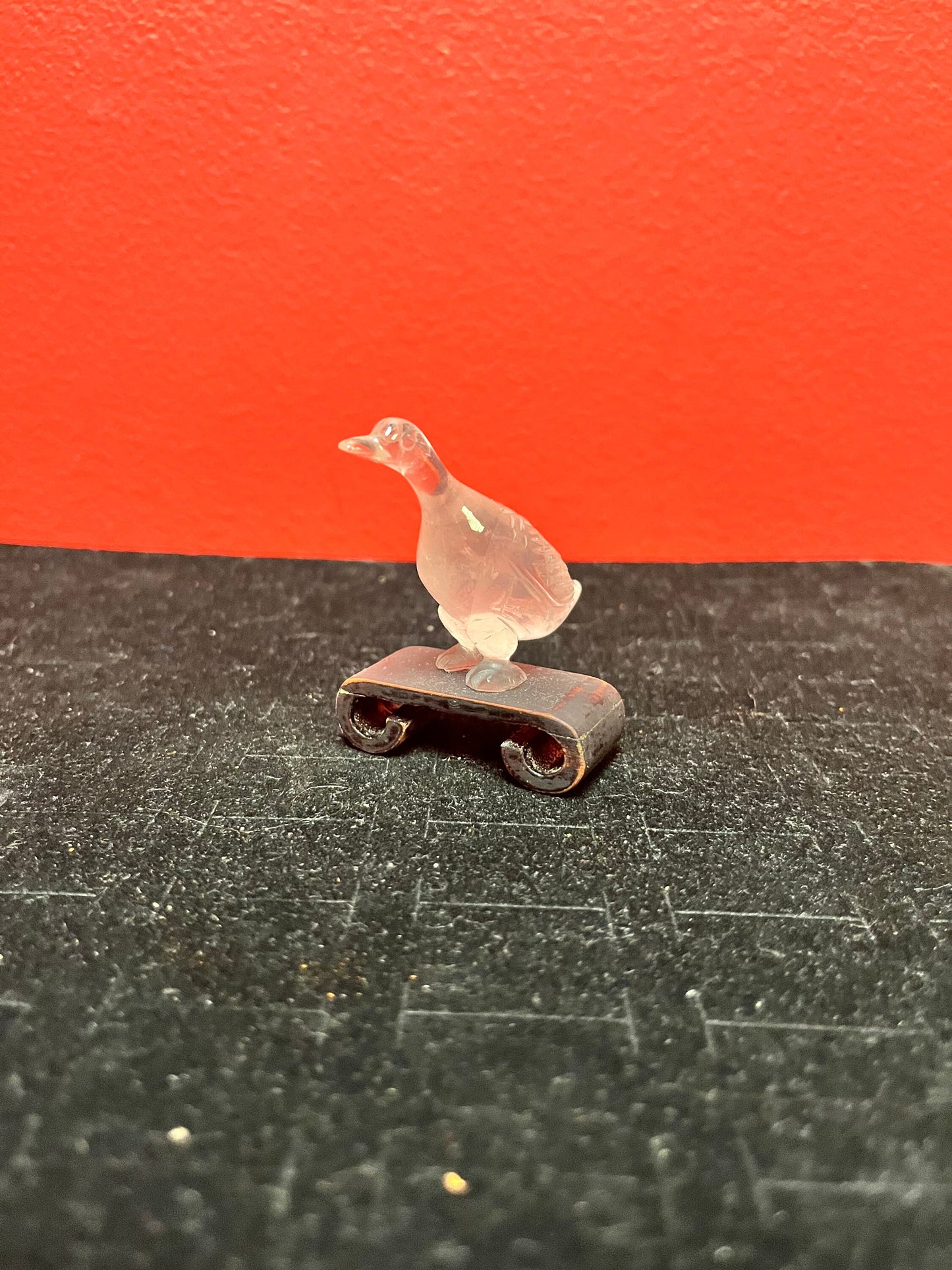 Lovely 2 inch high antique Chinese rose quartz  duck on wood stand   great value