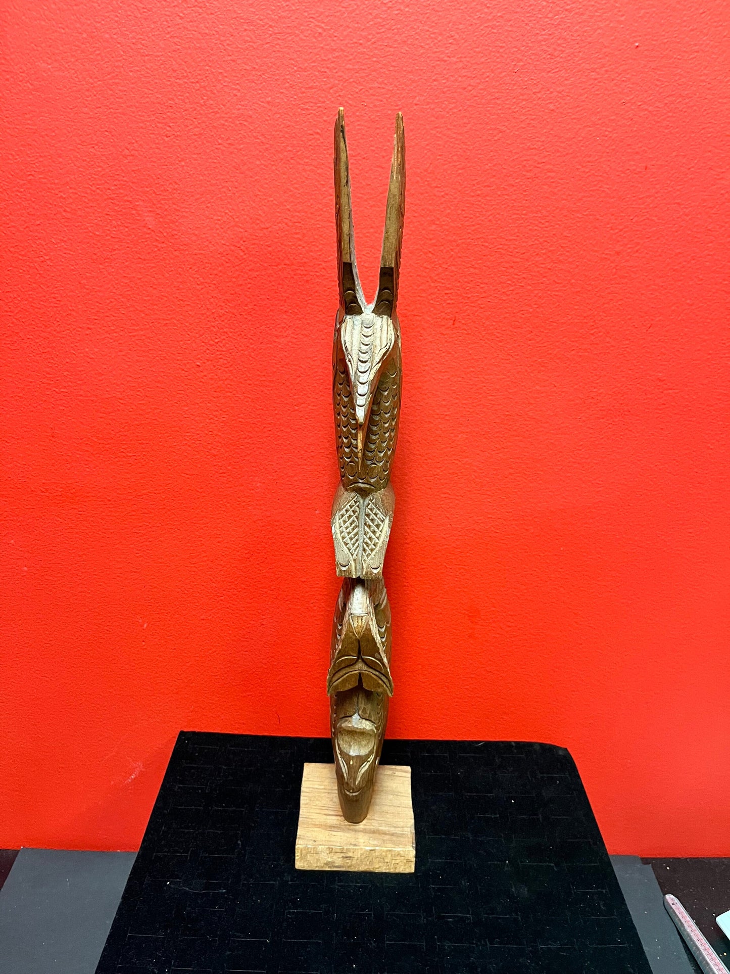 Lovely 19 inch tall indigenous first nations northwest coast signed Chris John transformation totem pole slight as is
