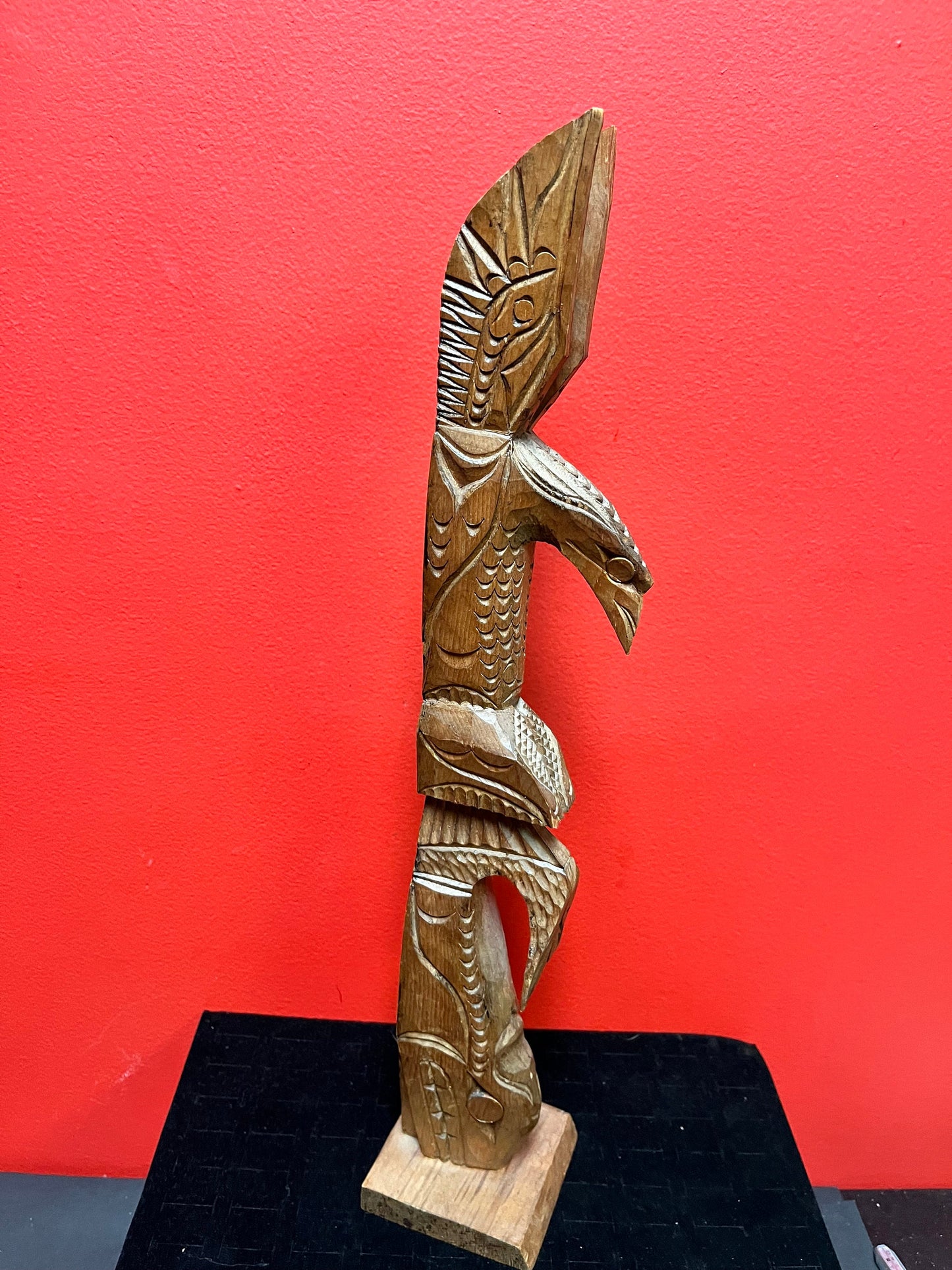 Lovely 19 inch tall indigenous first nations northwest coast signed Chris John transformation totem pole slight as is