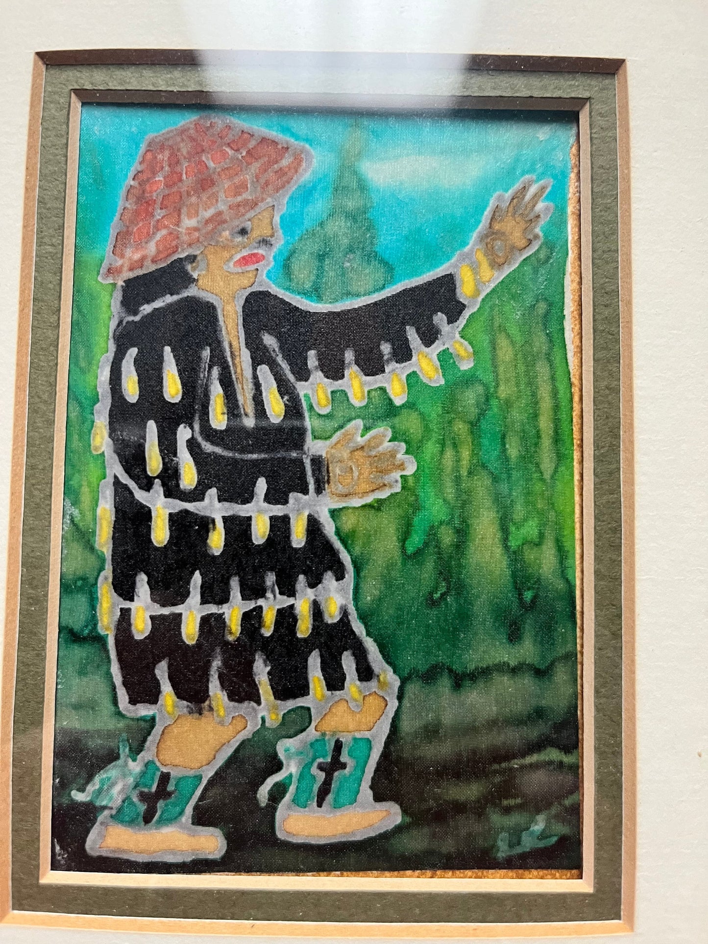 Very rare indigenous Nootka painting on silk by L.E Reid magnificent antique piece in frame 8 x 6