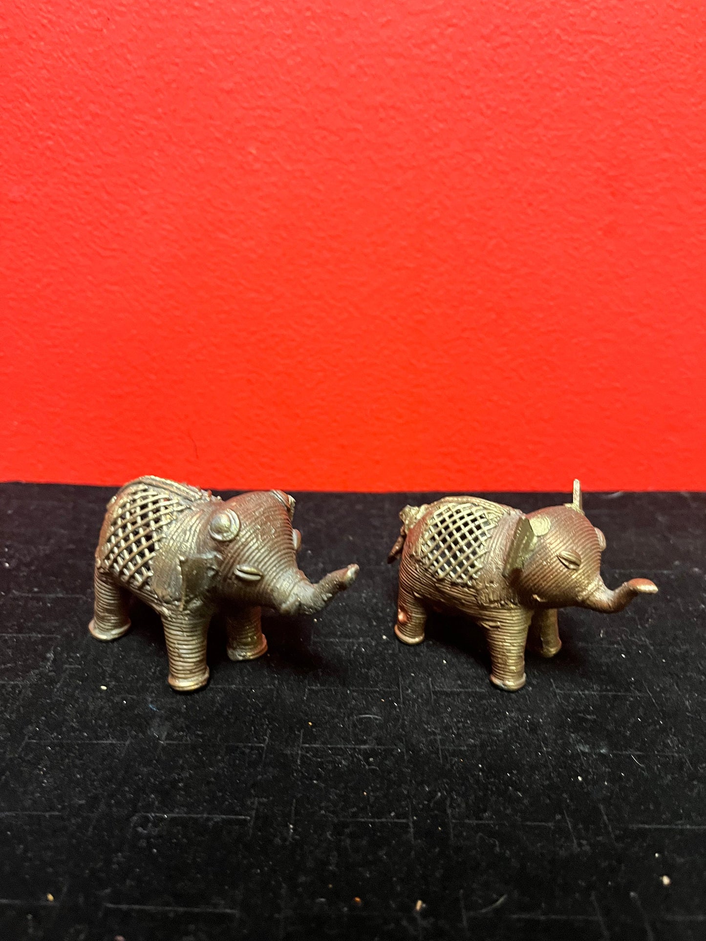 Two lovely African Benin brass elephants great detail 3 and 3.5 inches long