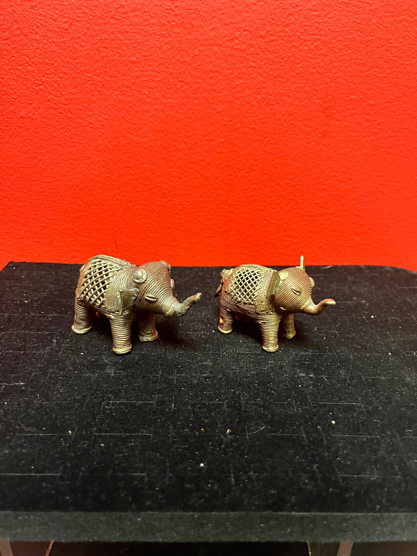 Two lovely African Benin brass elephants great detail 3 and 3.5 inches long