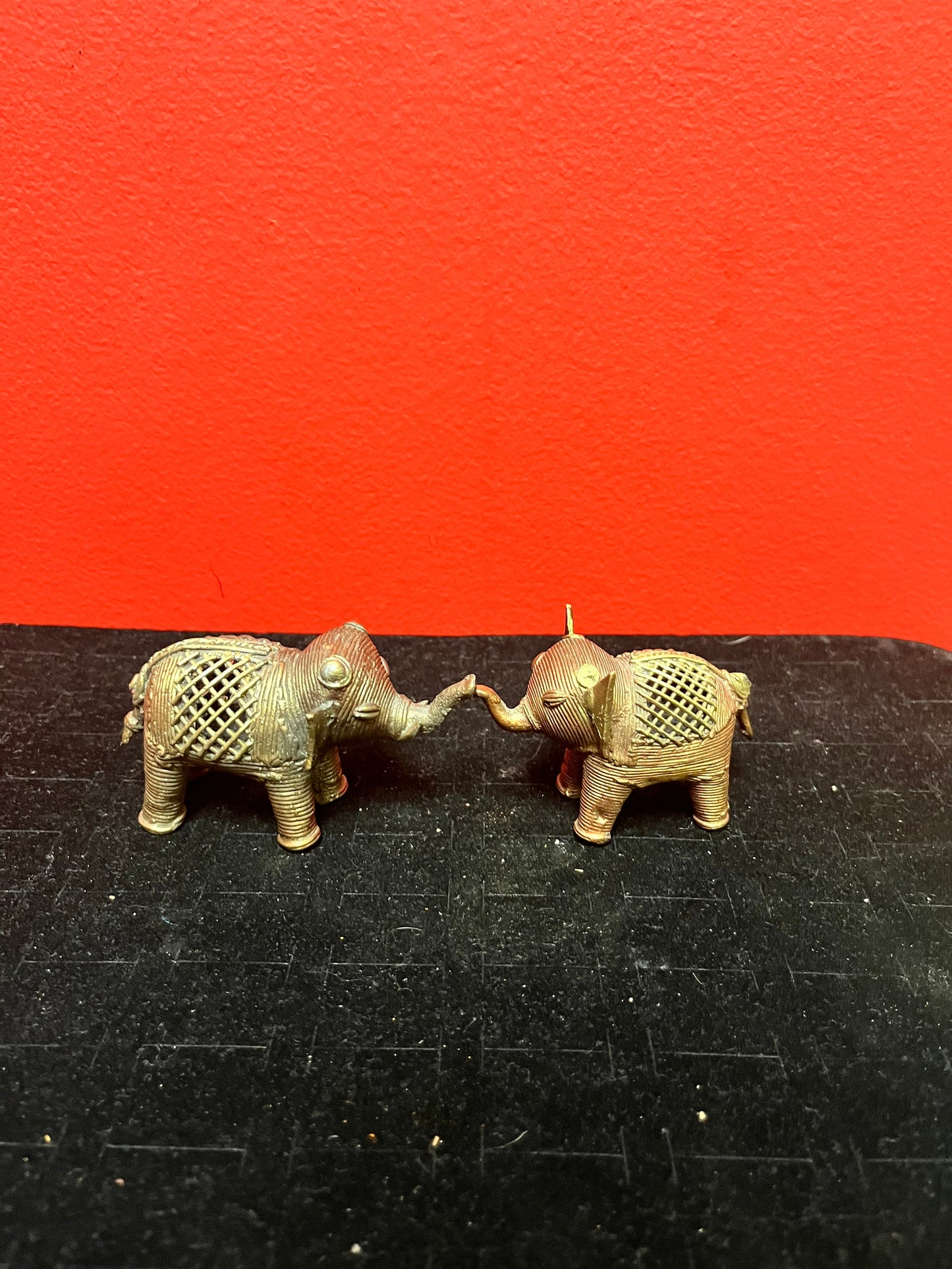 Two lovely African Benin brass elephants great detail 3 and 3.5 inches long