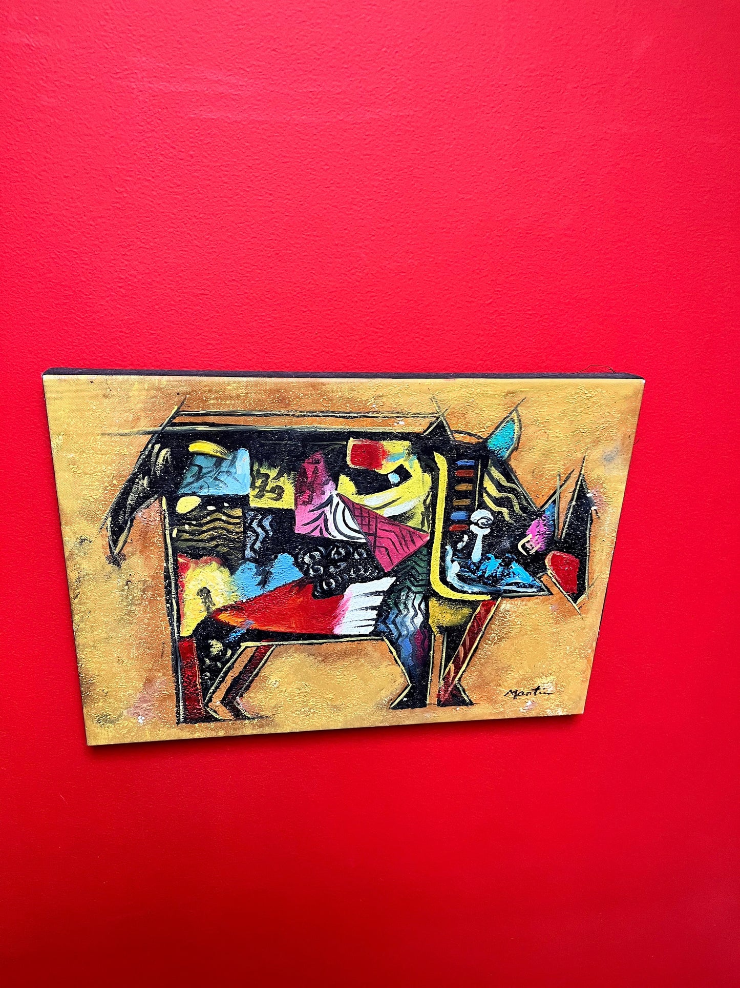 A 17 x 12 x 2 vintage French painting of a rhinoceros in a Picasso style African art inspiration amazing piece couple paint dings