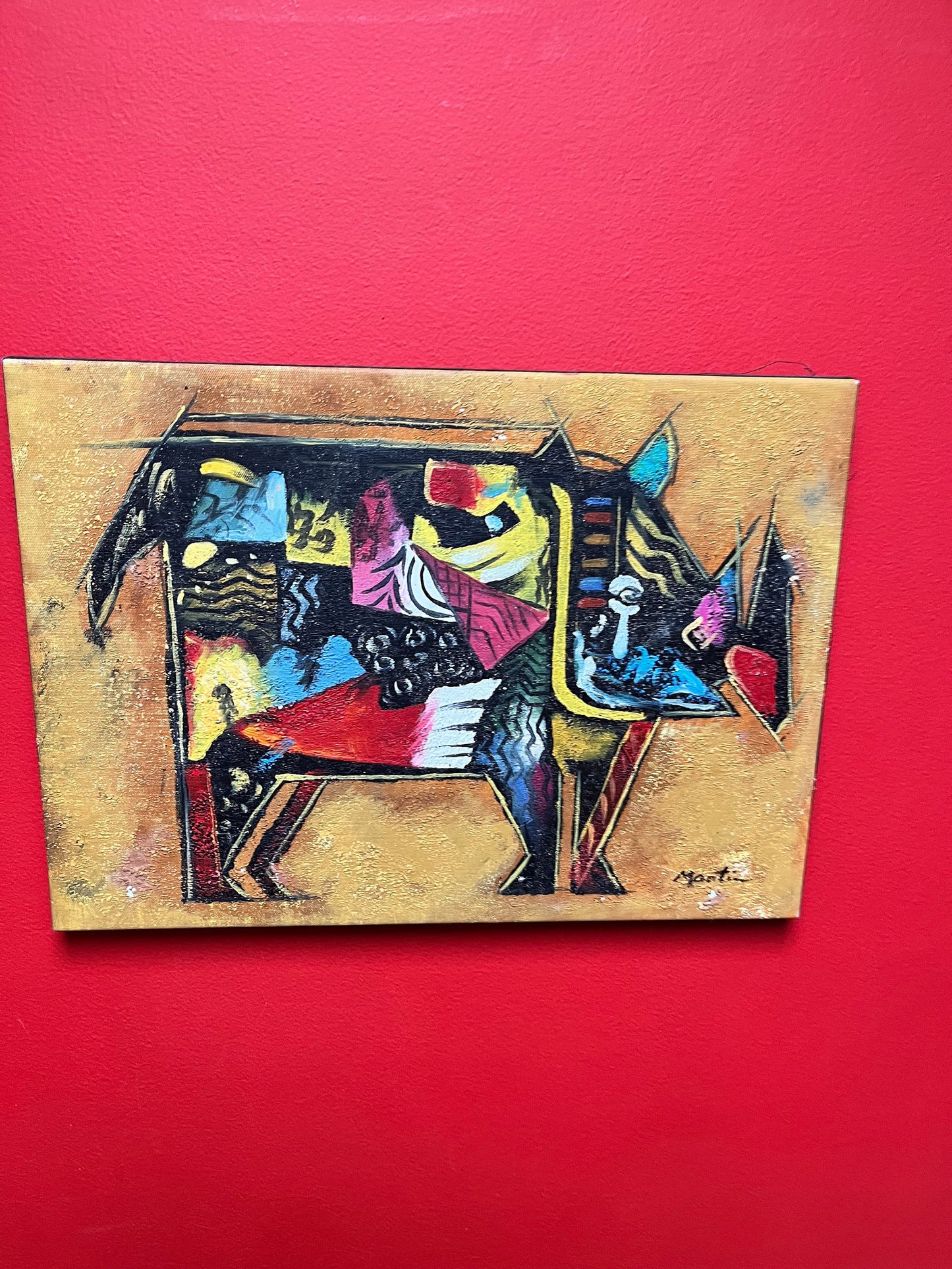 A 17 x 12 x 2 vintage French painting of a rhinoceros in a Picasso style African art inspiration amazing piece couple paint dings