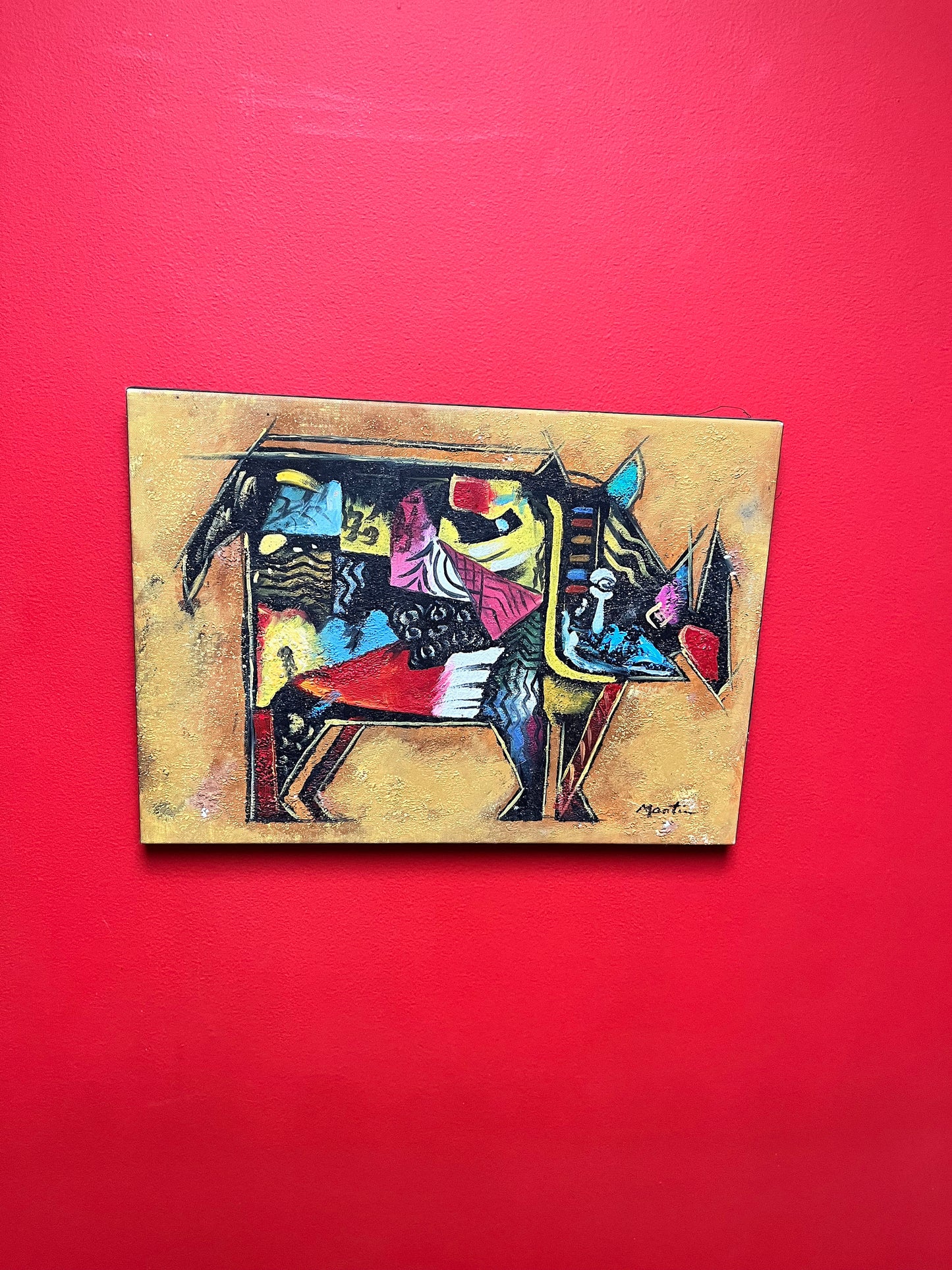 A 17 x 12 x 2 vintage French painting of a rhinoceros in a Picasso style African art inspiration amazing piece couple paint dings