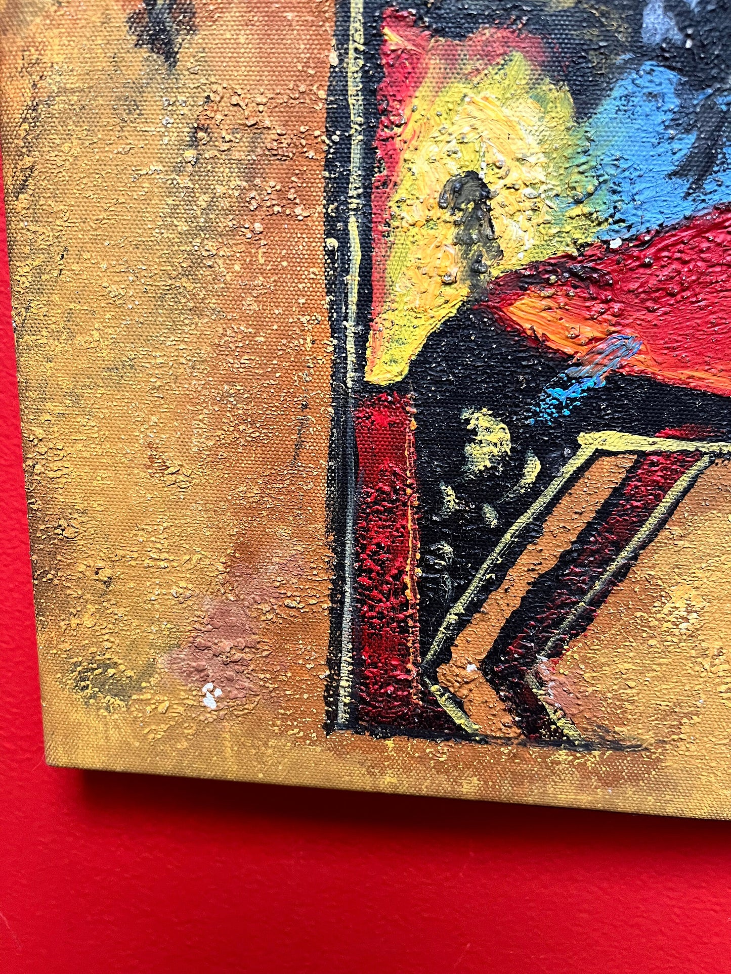 A 17 x 12 x 2 vintage French painting of a rhinoceros in a Picasso style African art inspiration amazing piece couple paint dings