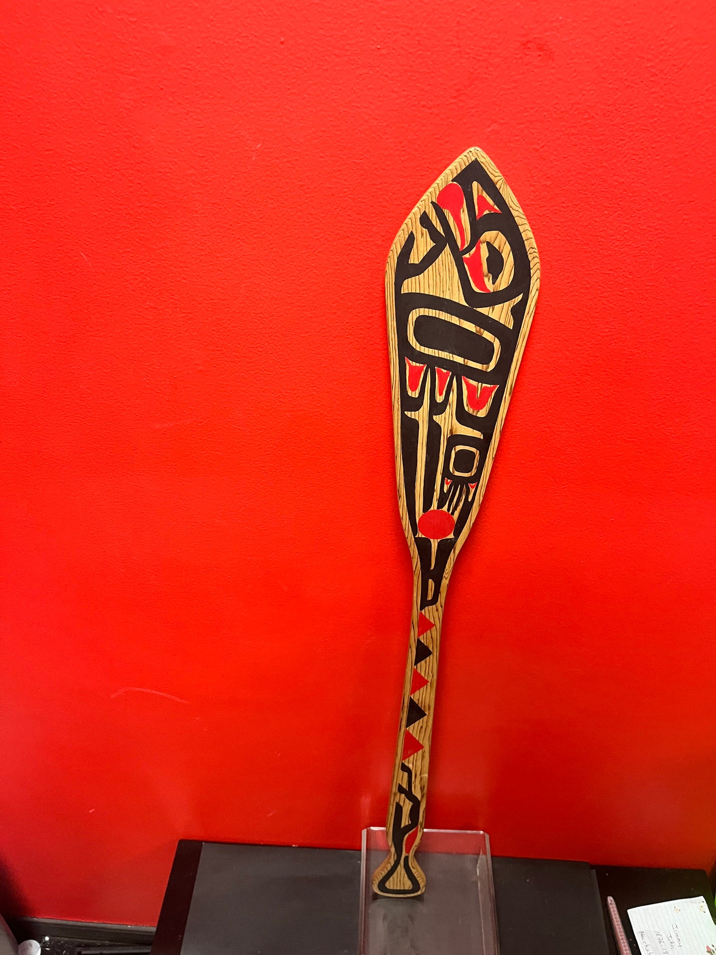 A stunning 34 x 4 wide, signed painted cedar indigenous first nations Pacific northwest coast paddle classic beautiful design