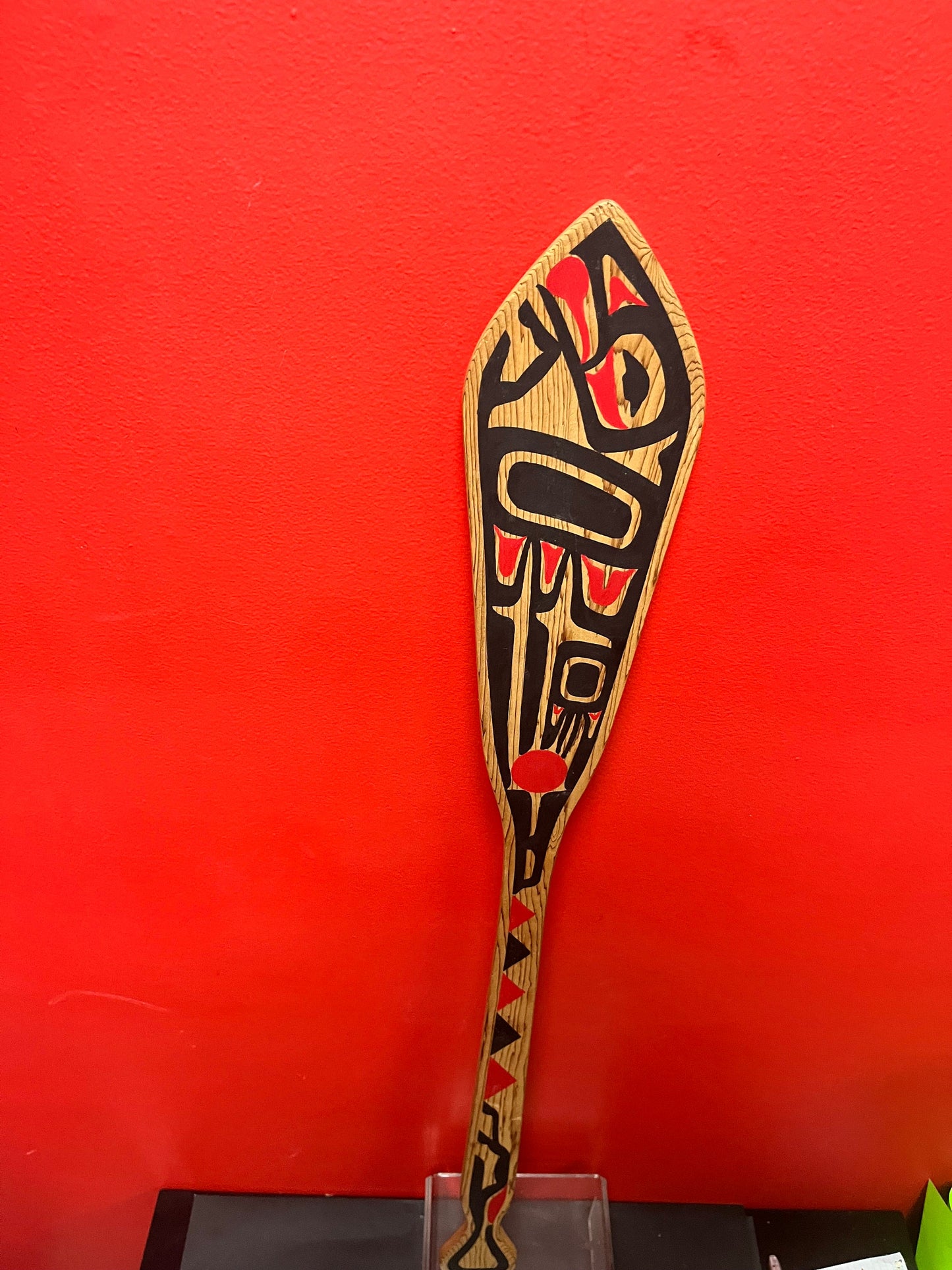 A stunning 34 x 4 wide, signed painted cedar indigenous first nations Pacific northwest coast paddle classic beautiful design